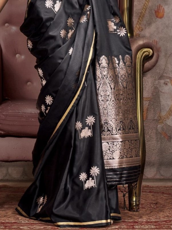 Ink Black Woven Banarasi Satin Silk Saree