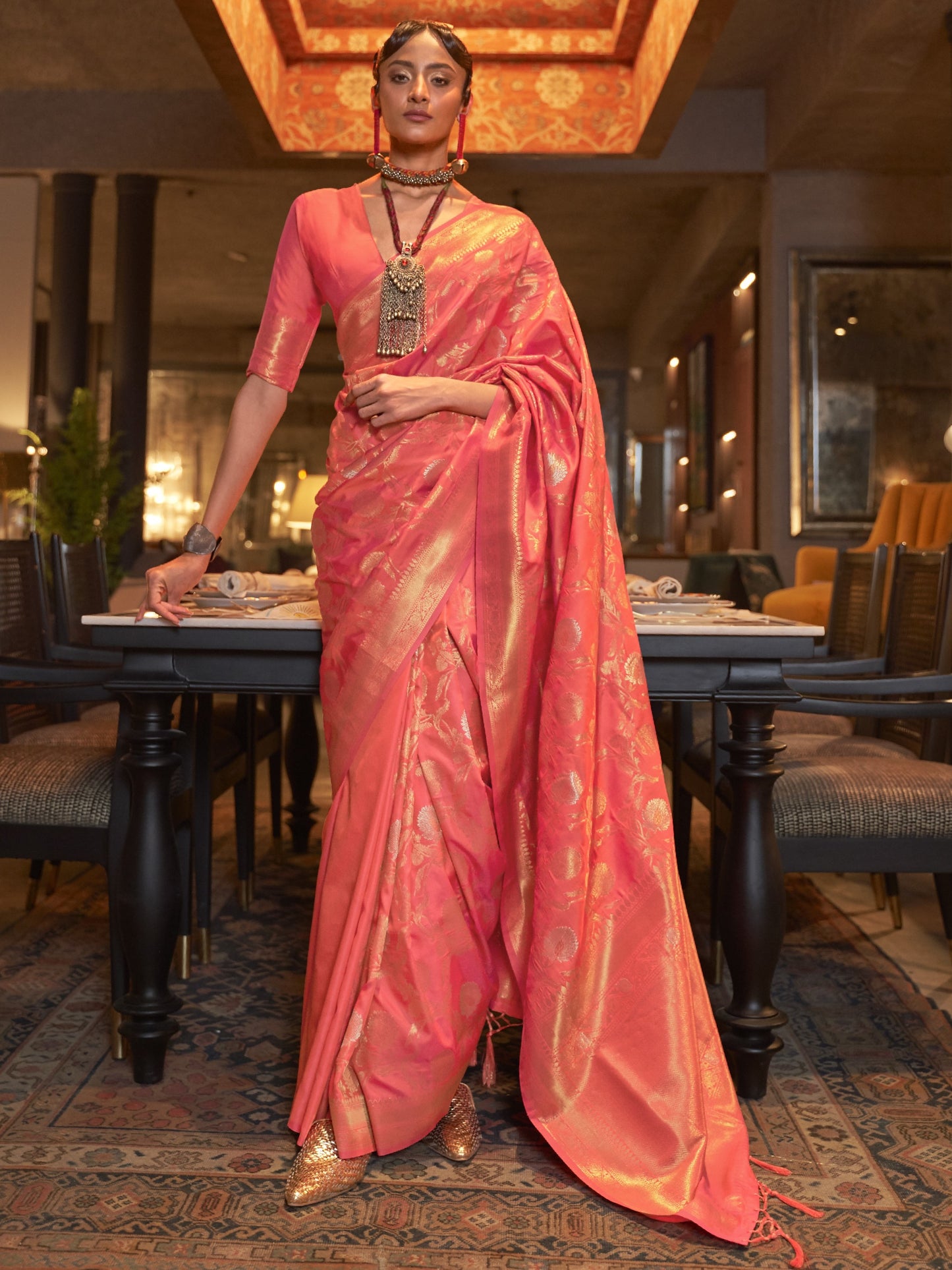 Rose Pink Woven Banarasi Saree
