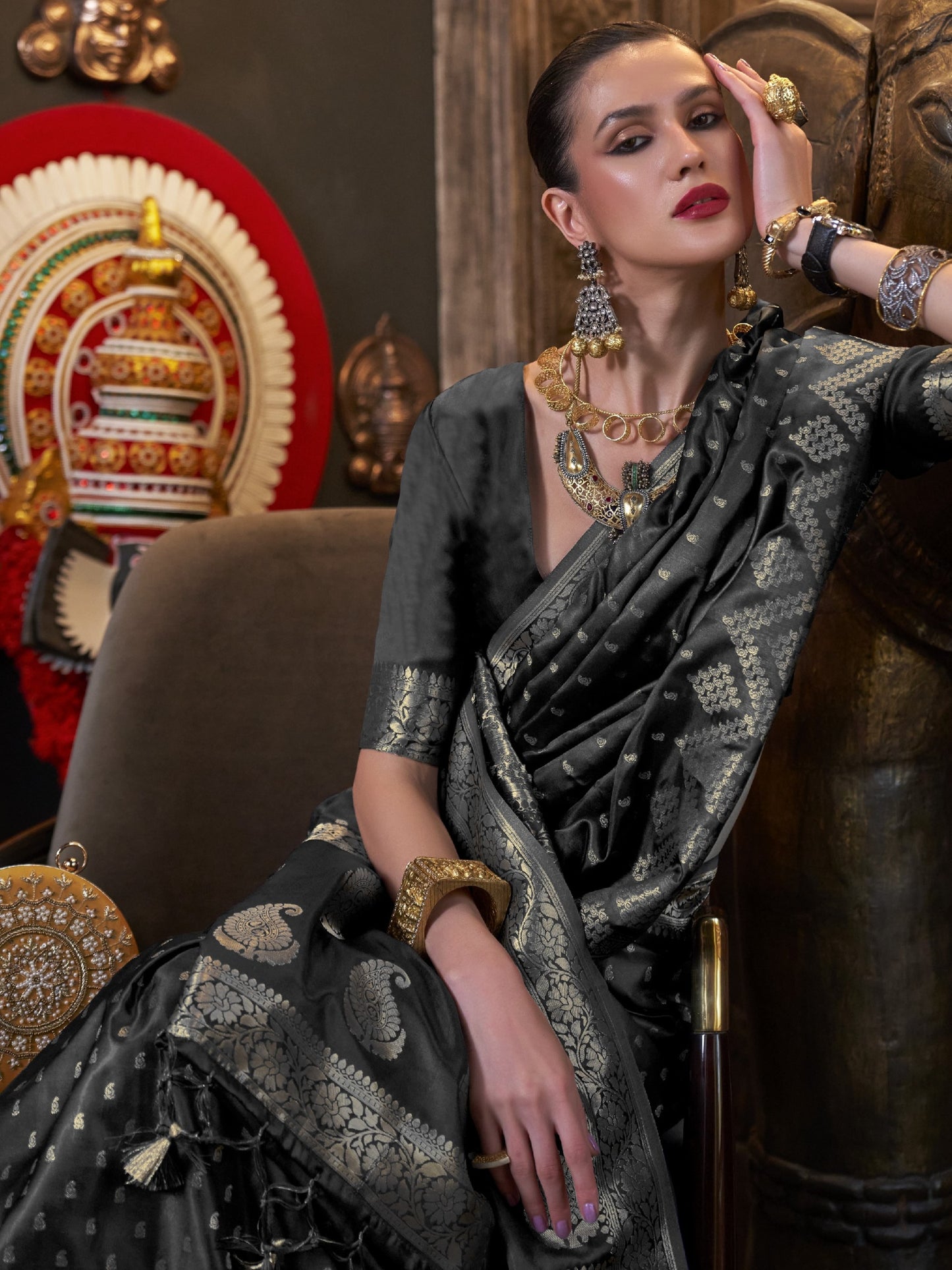 Night Black Woven Banarasi Satin Silk Saree