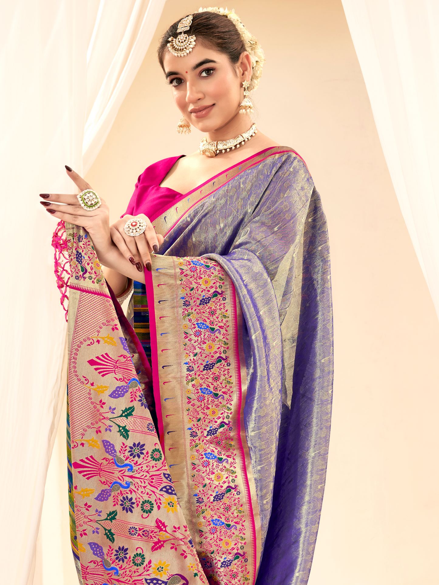Shining Blue Woven Paithani Tissue Silk Saree