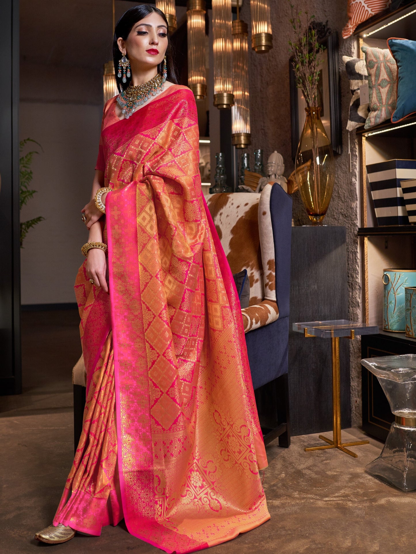 Coral Pink Kanjivaram Saree