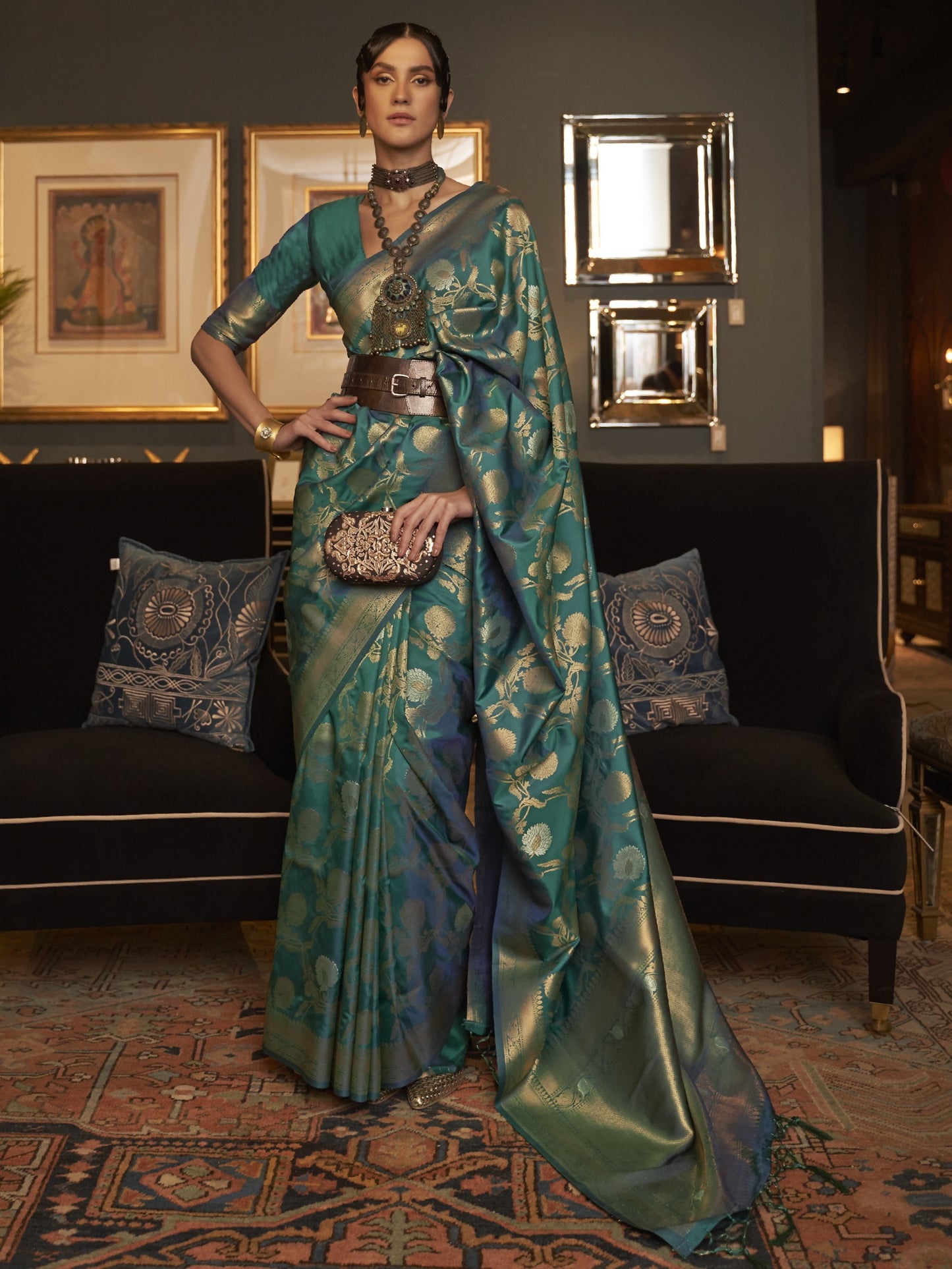 Turquoise Green Woven Banarasi Saree