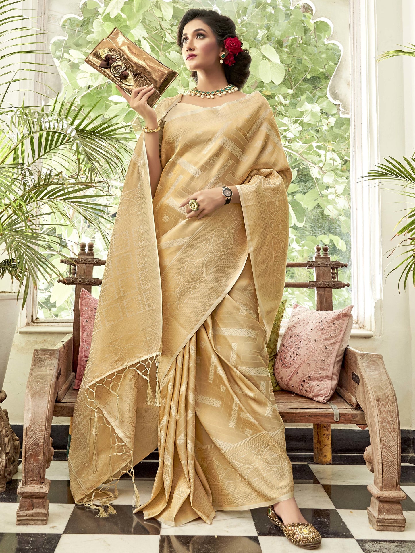Golden White Kanjivaram Saree