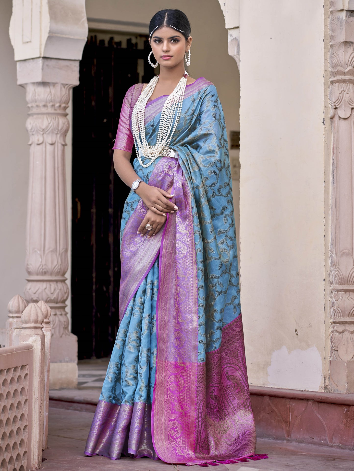 Cerulean Blue Tissue Silk Saree
