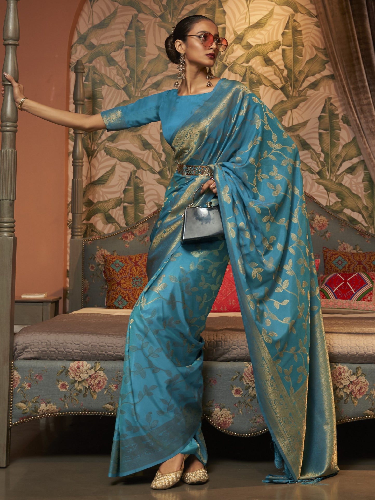 Deep Sky Blue Woven Banarasi saree