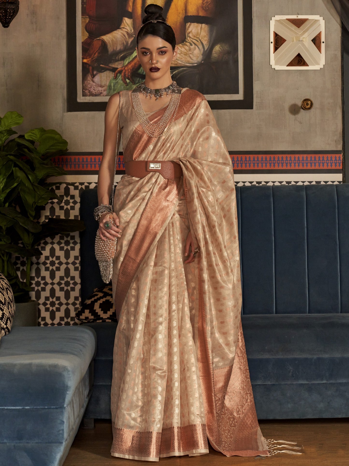 Fawn Beige Tissue Silk Saree