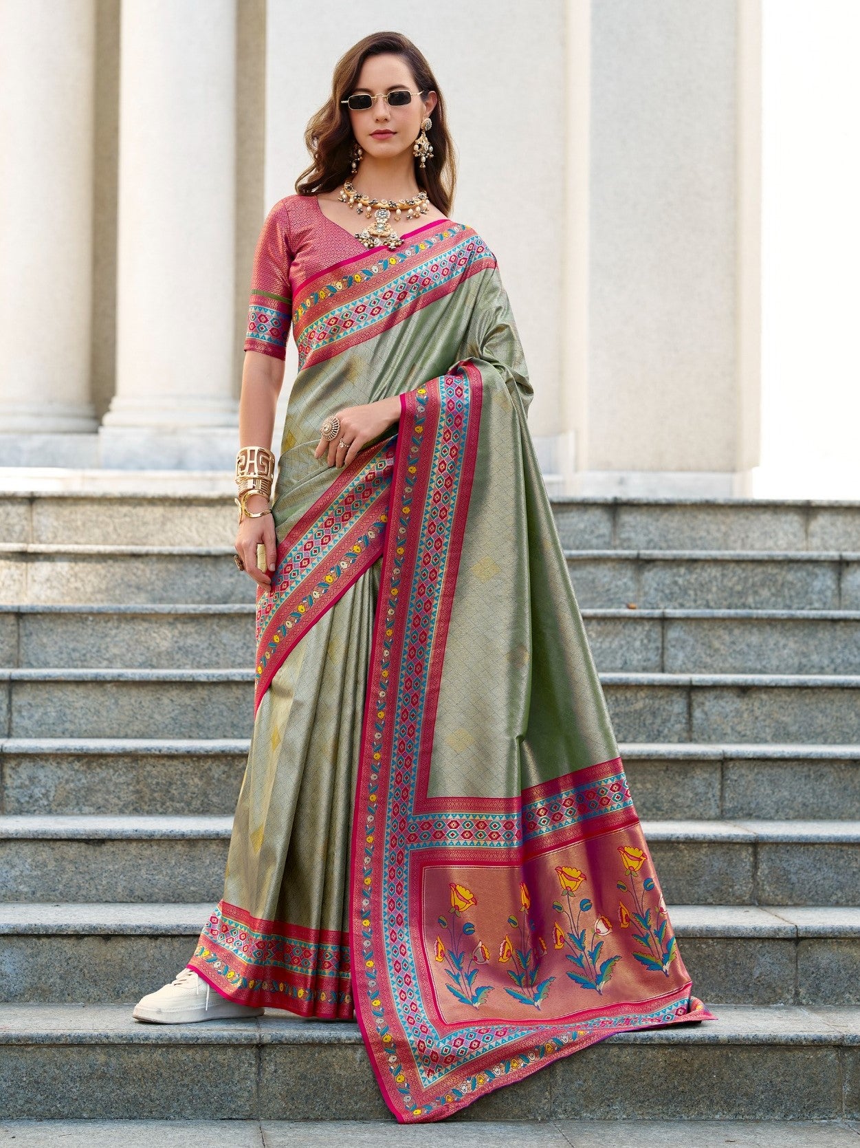 Pistachio Green Banarasi Tissue Silk Saree