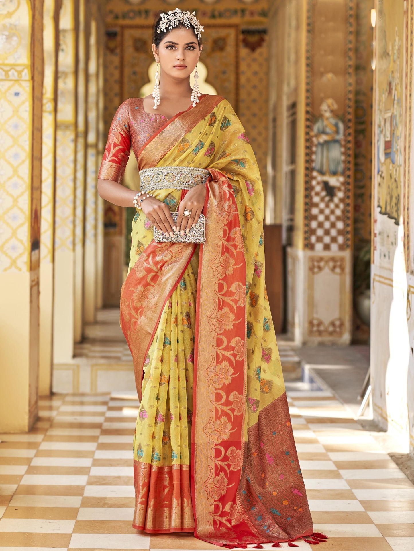 Pale Yellow Tissue Silk Saree