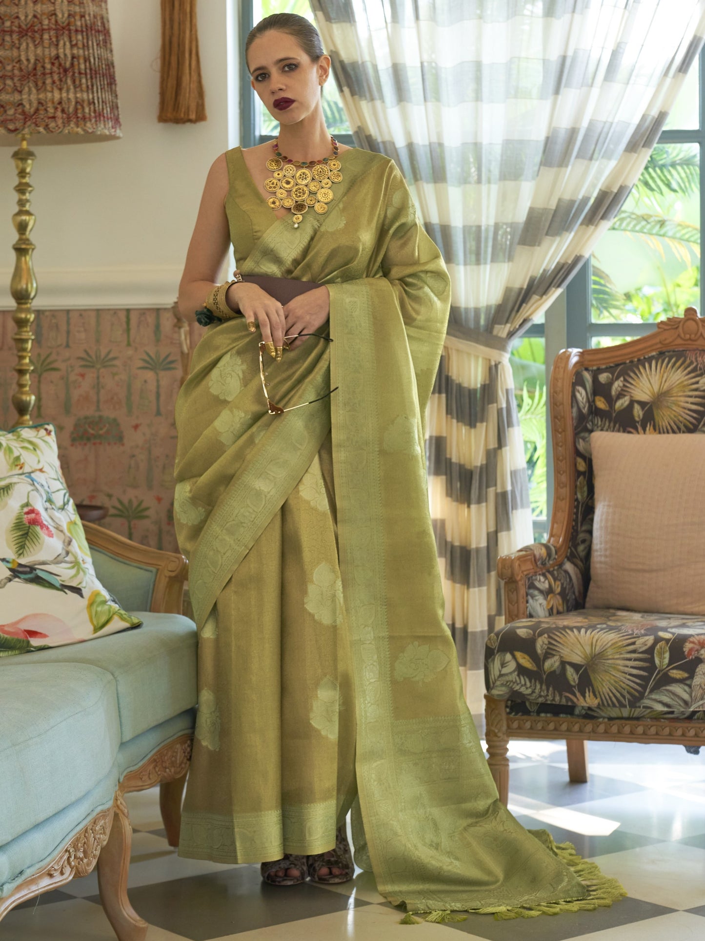 Citron Green Satin Tissue Silk Saree