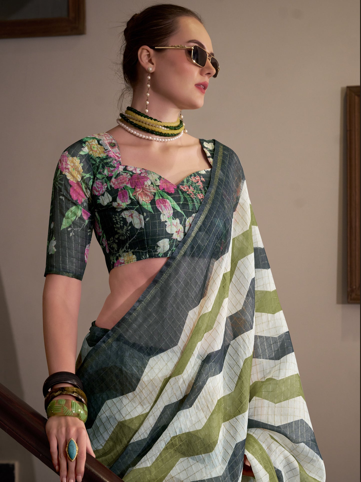 Black & Olive Cotton Silk Saree