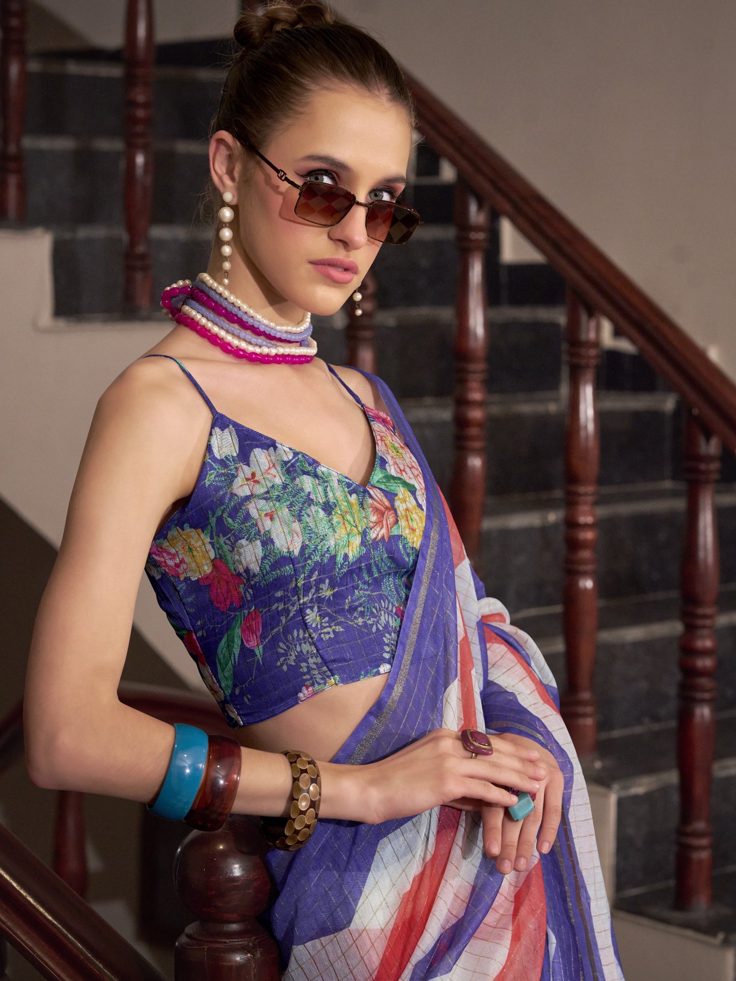 Blue & Pink Cotton Silk Saree