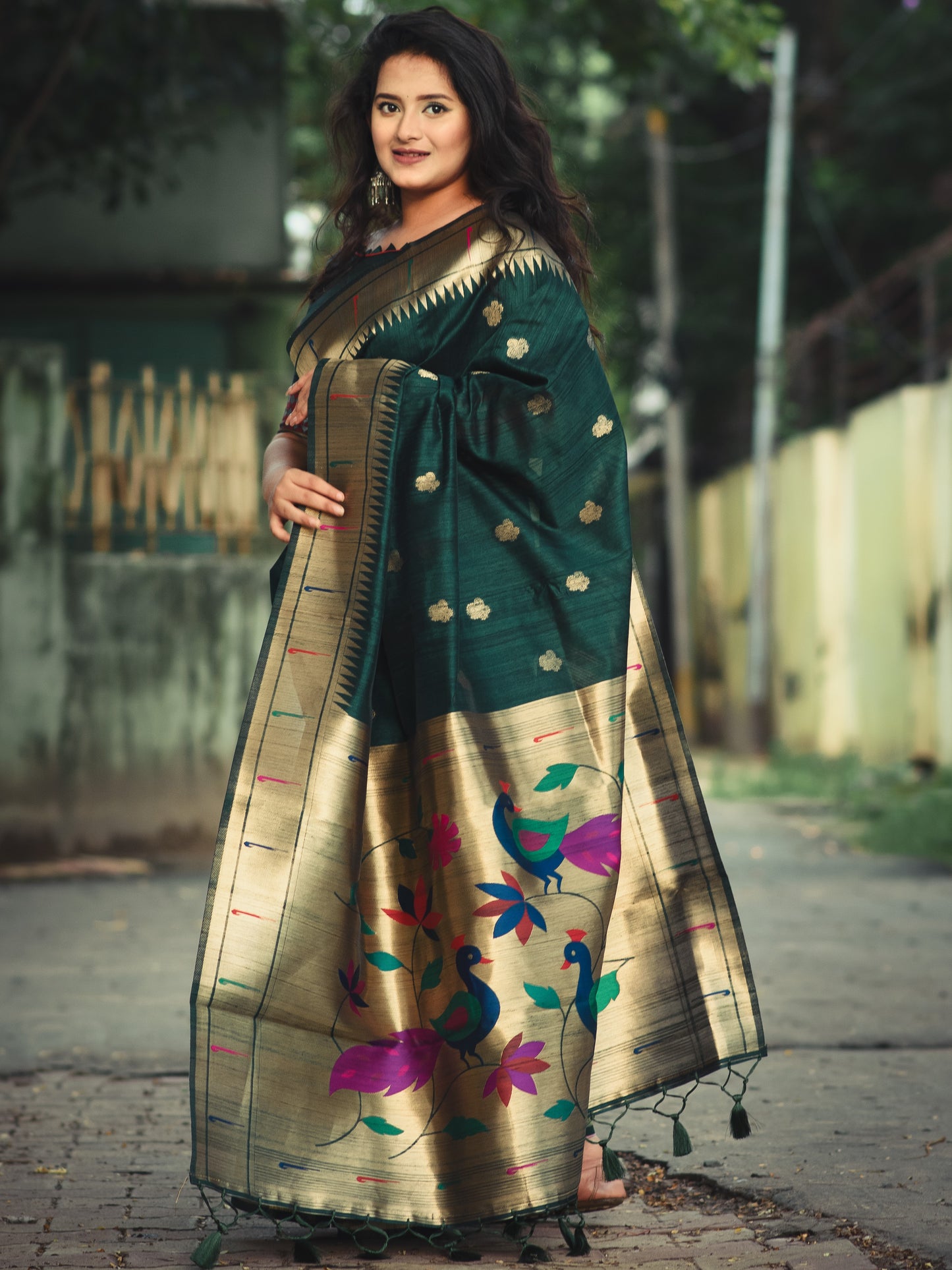 Forest Green Tussar Silk Paithani Saree