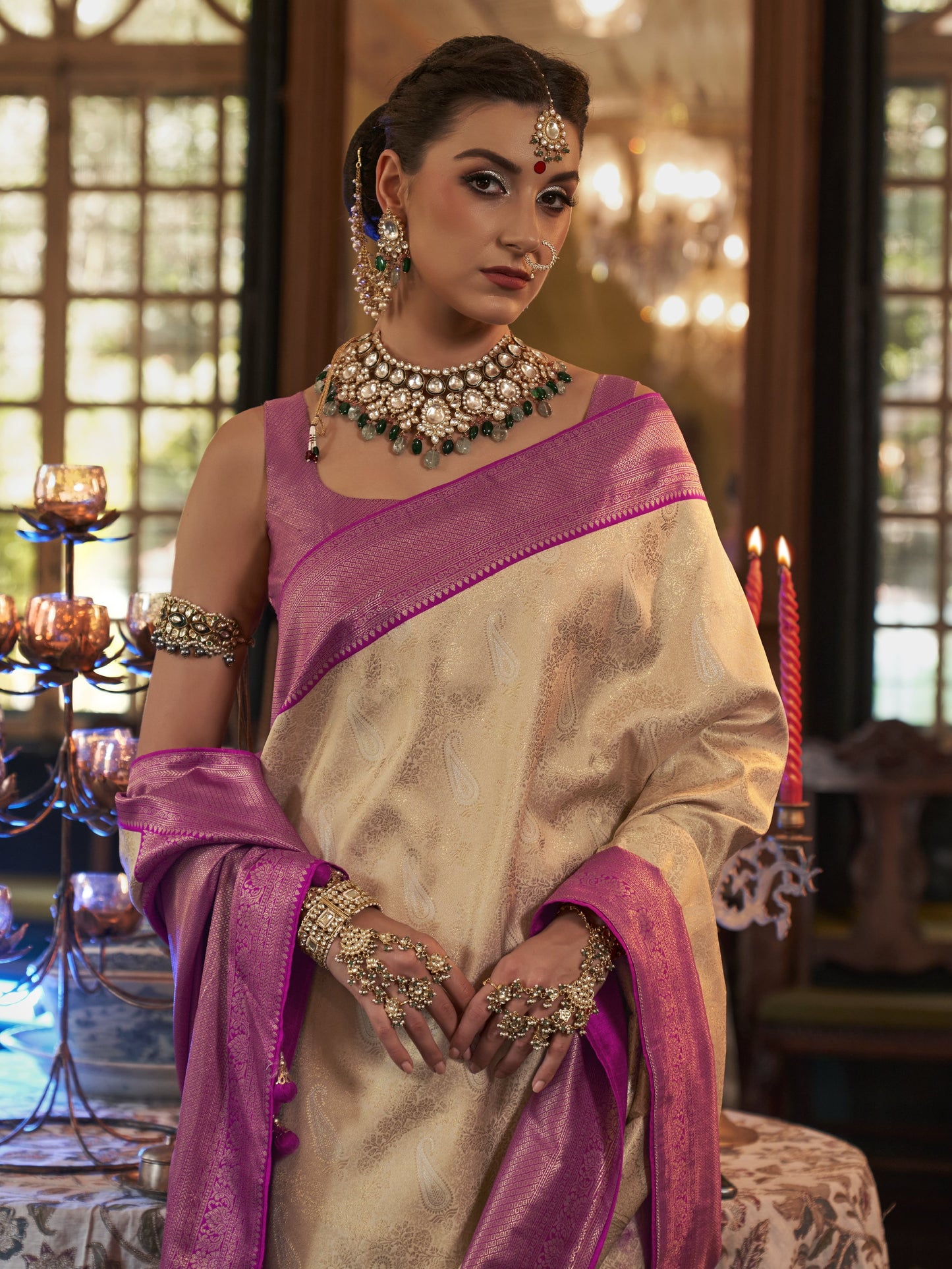 Creamy White Kanjivaram Saree