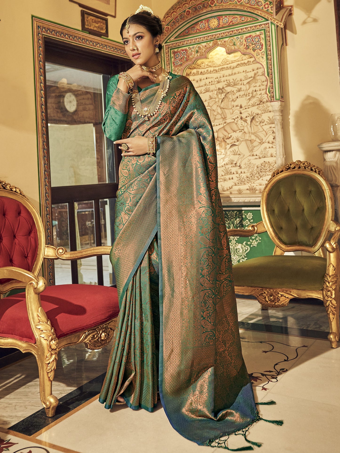 Golden Teal Kanjivaram Saree