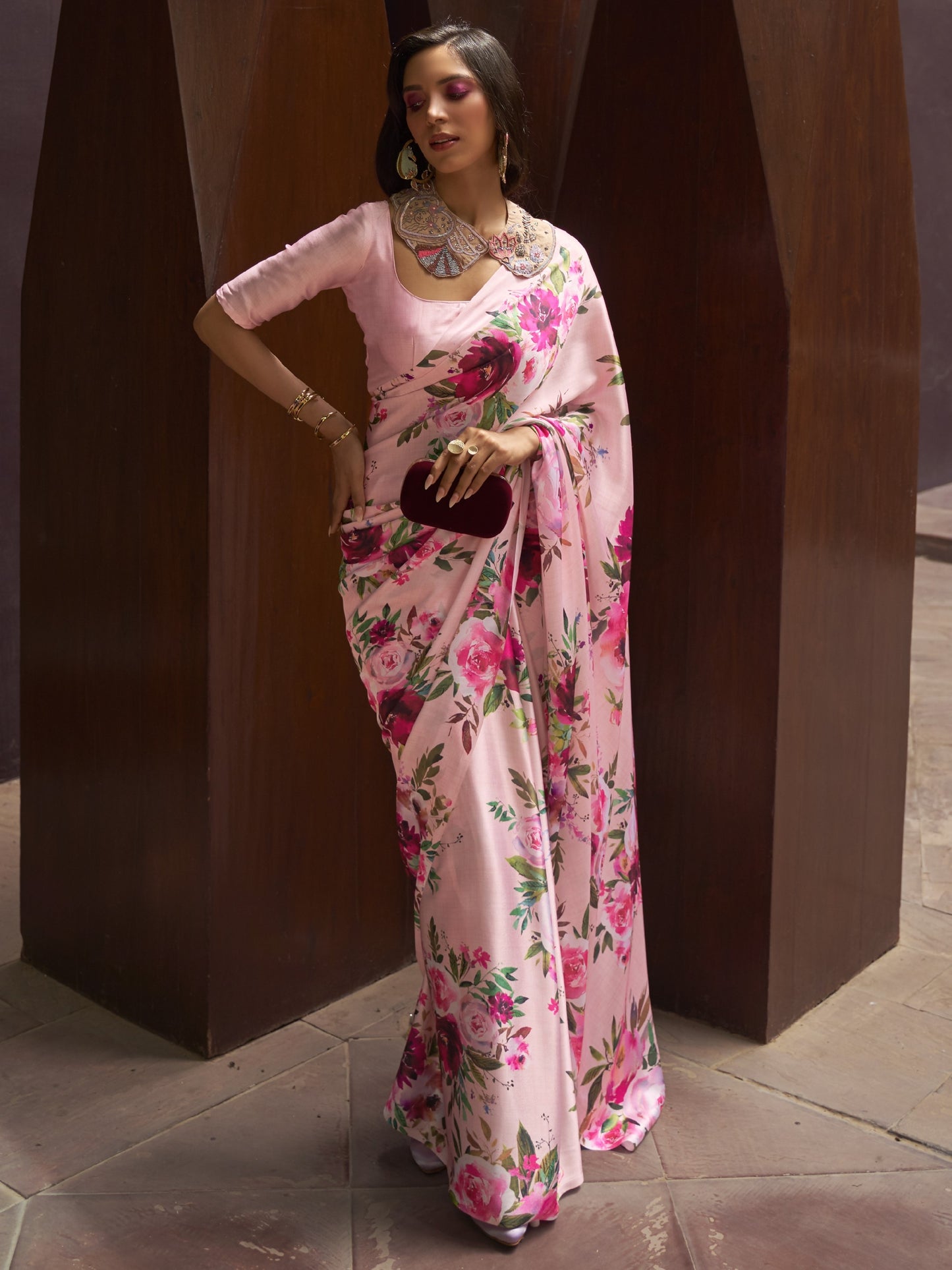 Powder Pink Digital Print Satin Crepe Saree