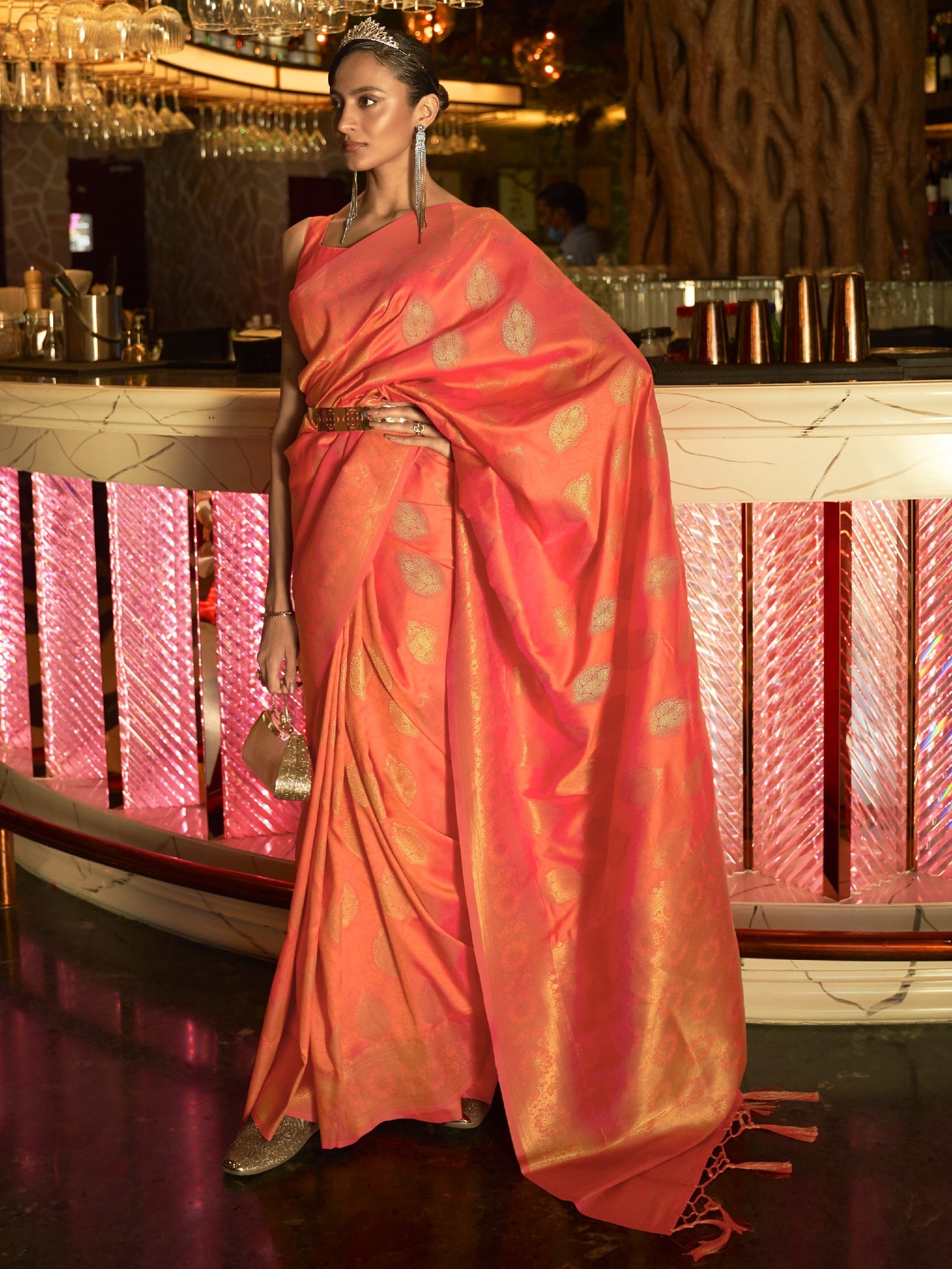 Tangerine Orange Woven Banarasi Saree