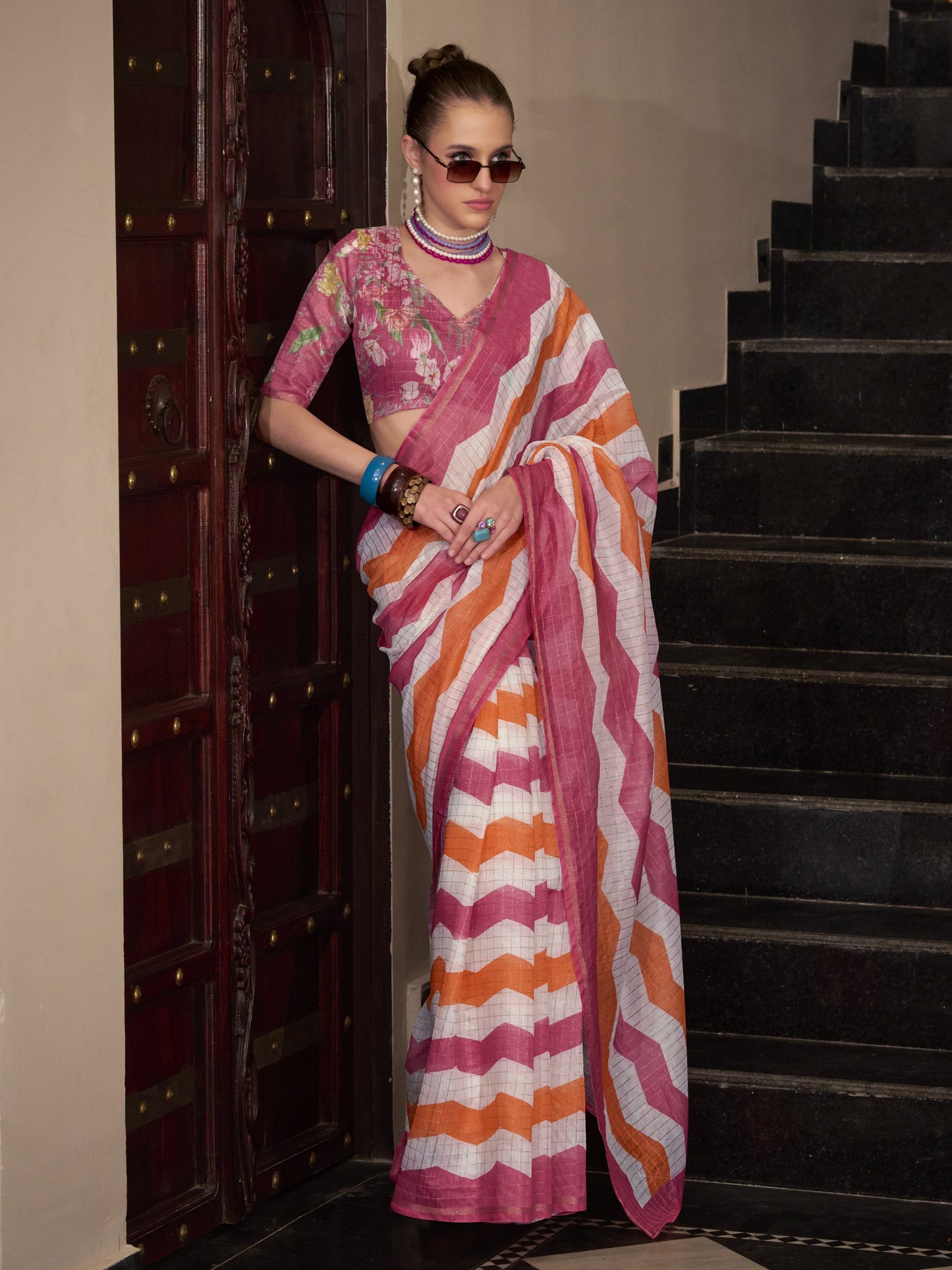 Pink & White Cotton Silk Sarees