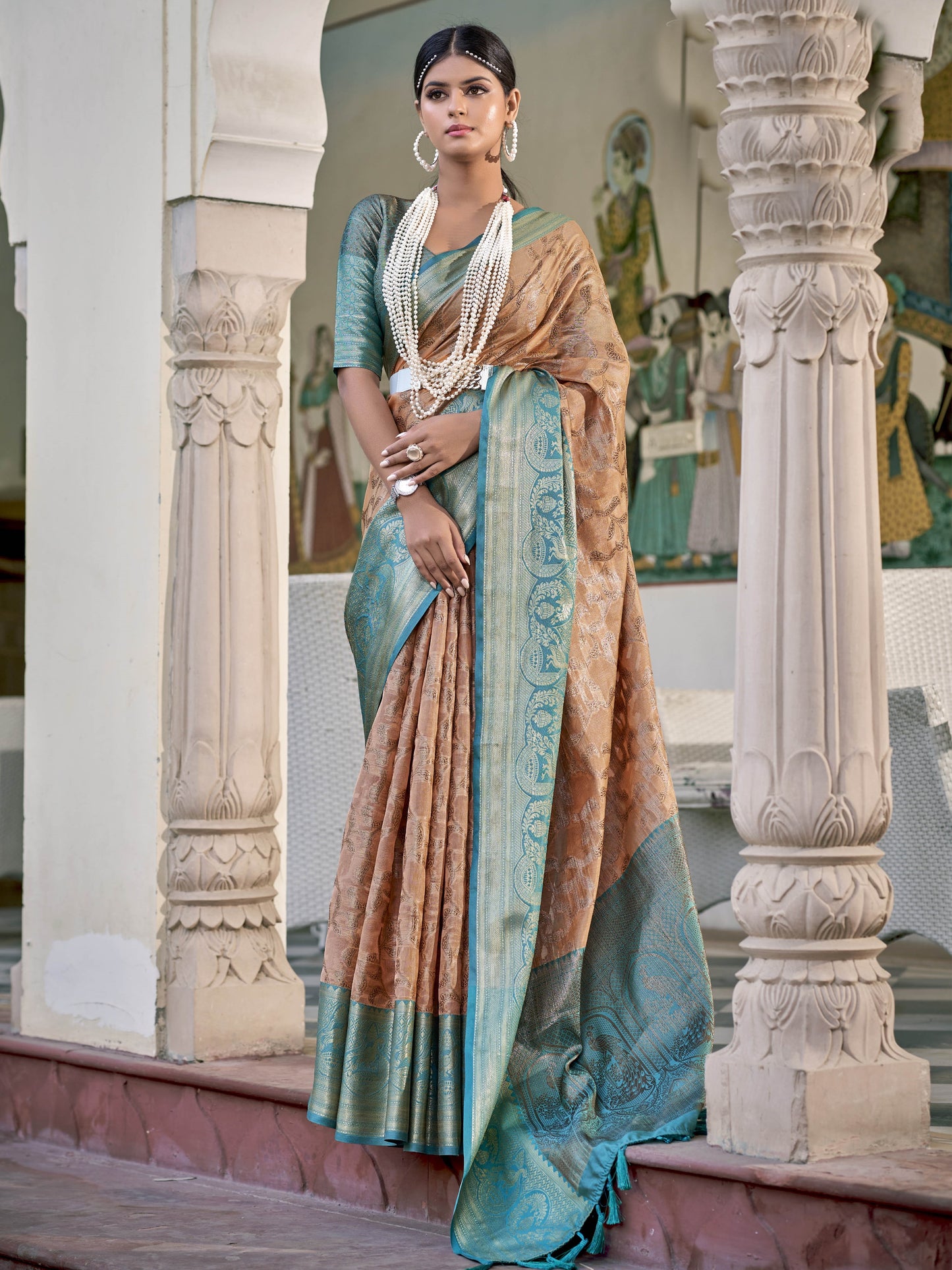 Sandy Brown Tissue Silk Saree