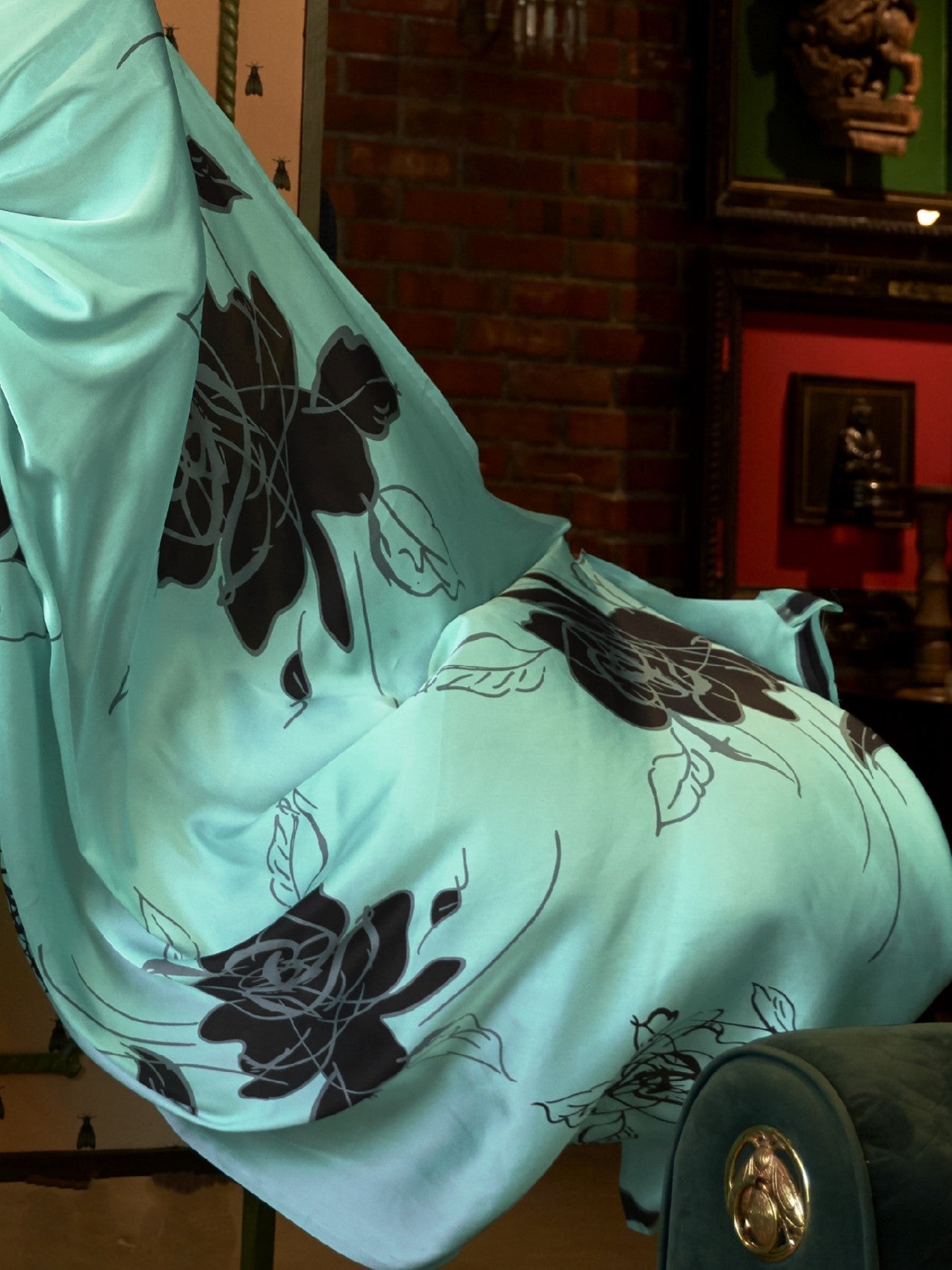 Pastel Cyan Satin Silk Printed Saree