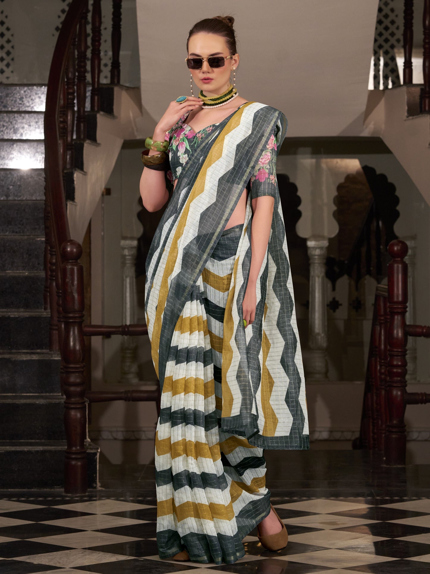 Black & White Cotton Silk Saree