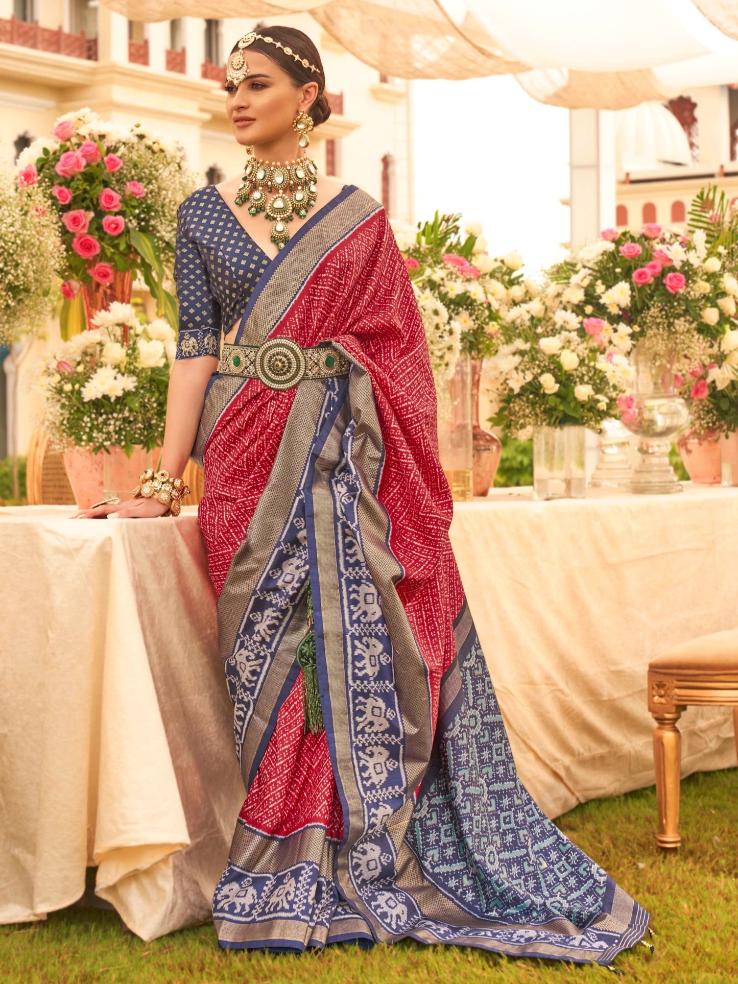 Deep Red and Blue Patola Saree