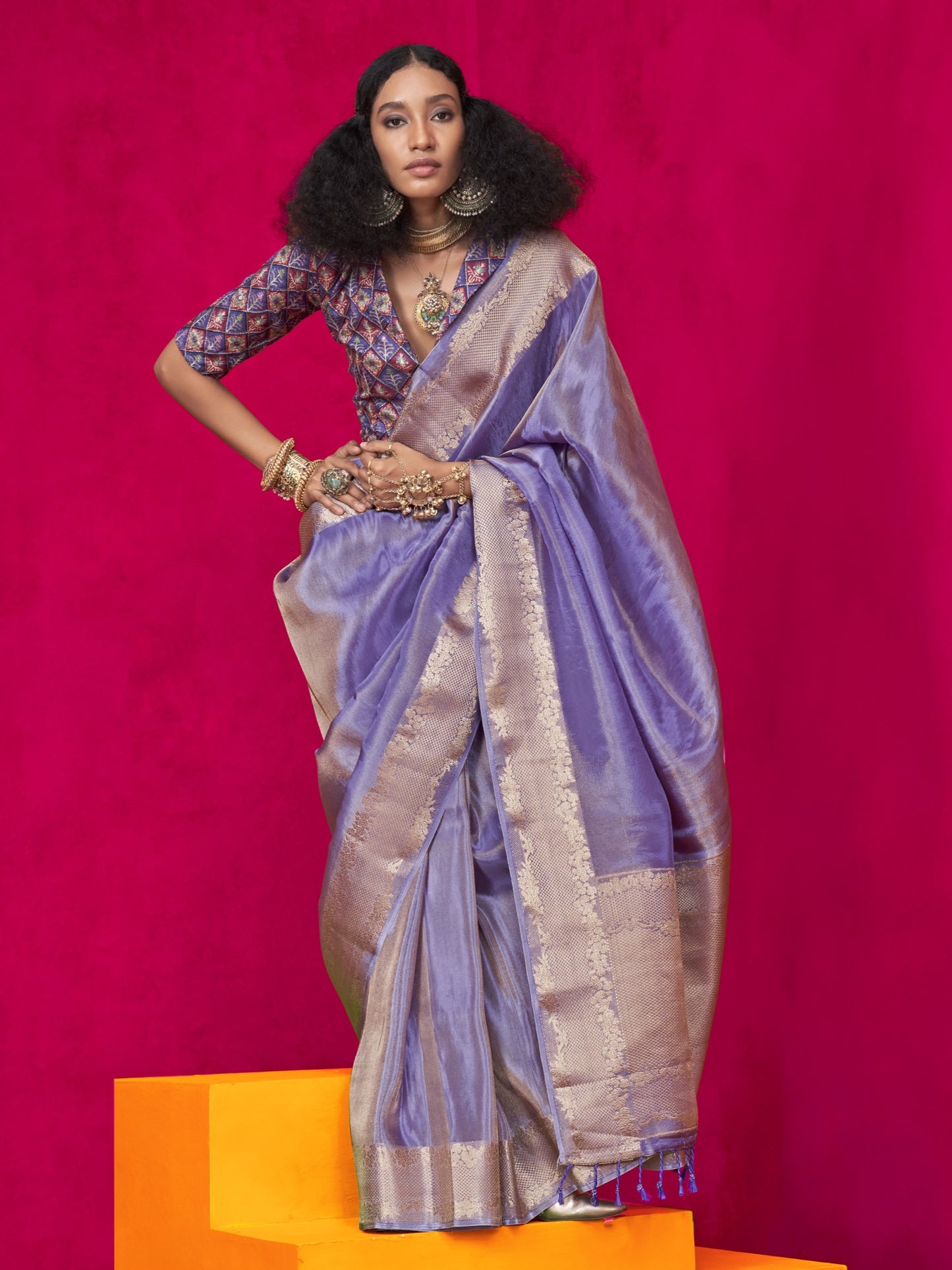 Mauve Purple Zari Woven Tissue Silk Saree with Contrast Blouse