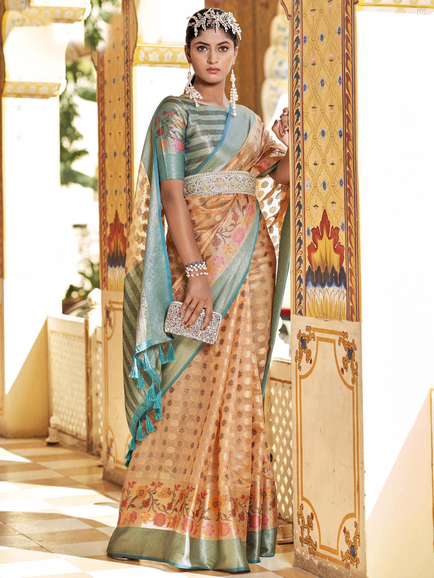 Sandy Brown Tissue Silk Saree