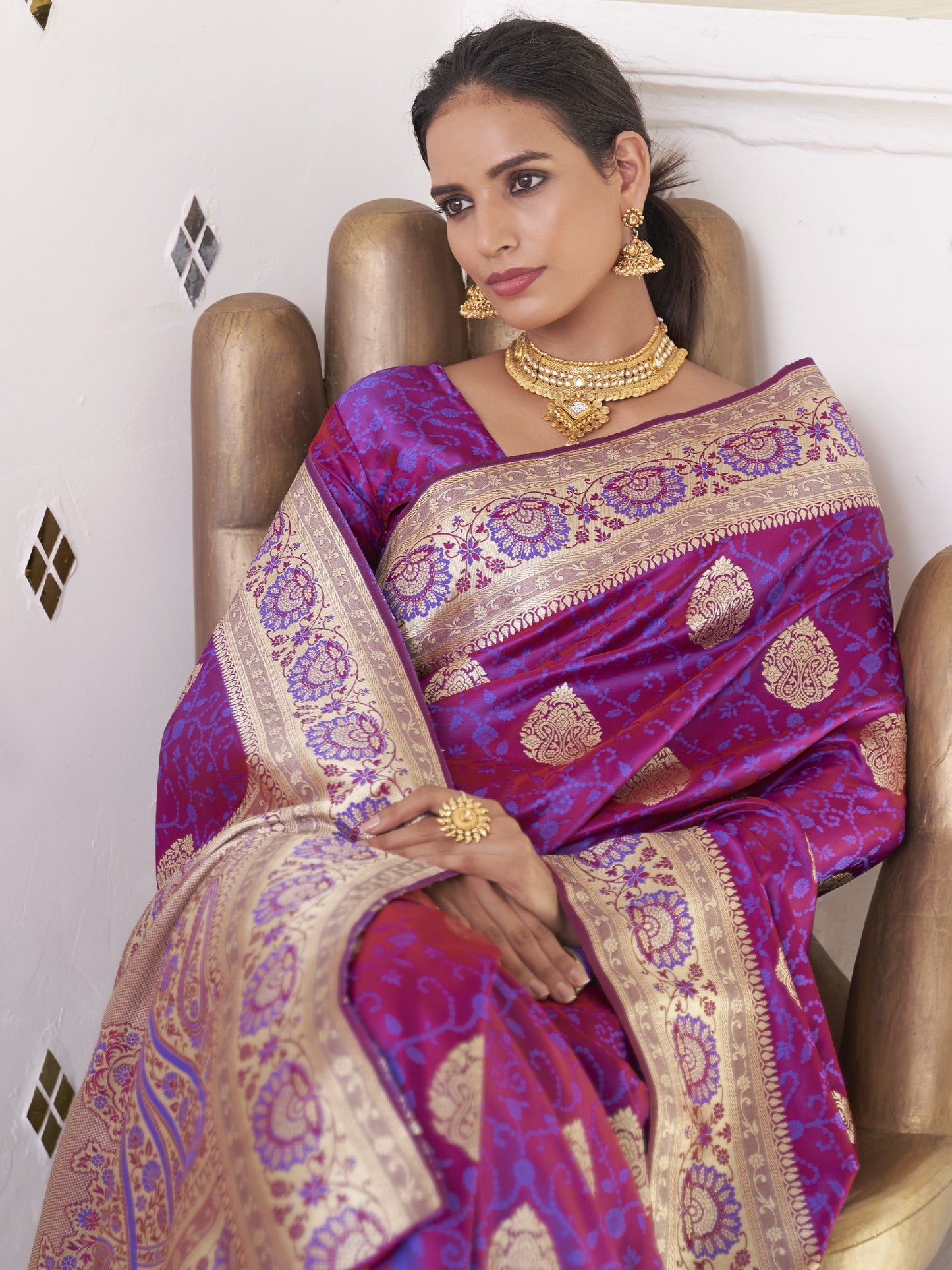 Daffodil Purple Satin Silk Banarasi Saree