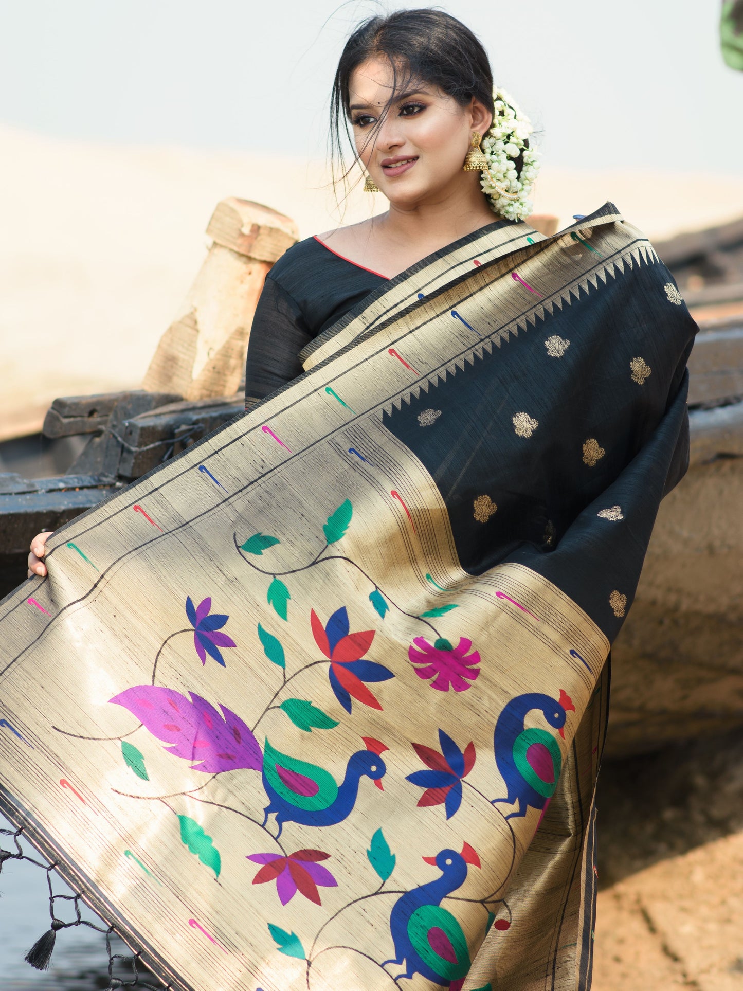Jet Black Tussar Silk Paithani Saree