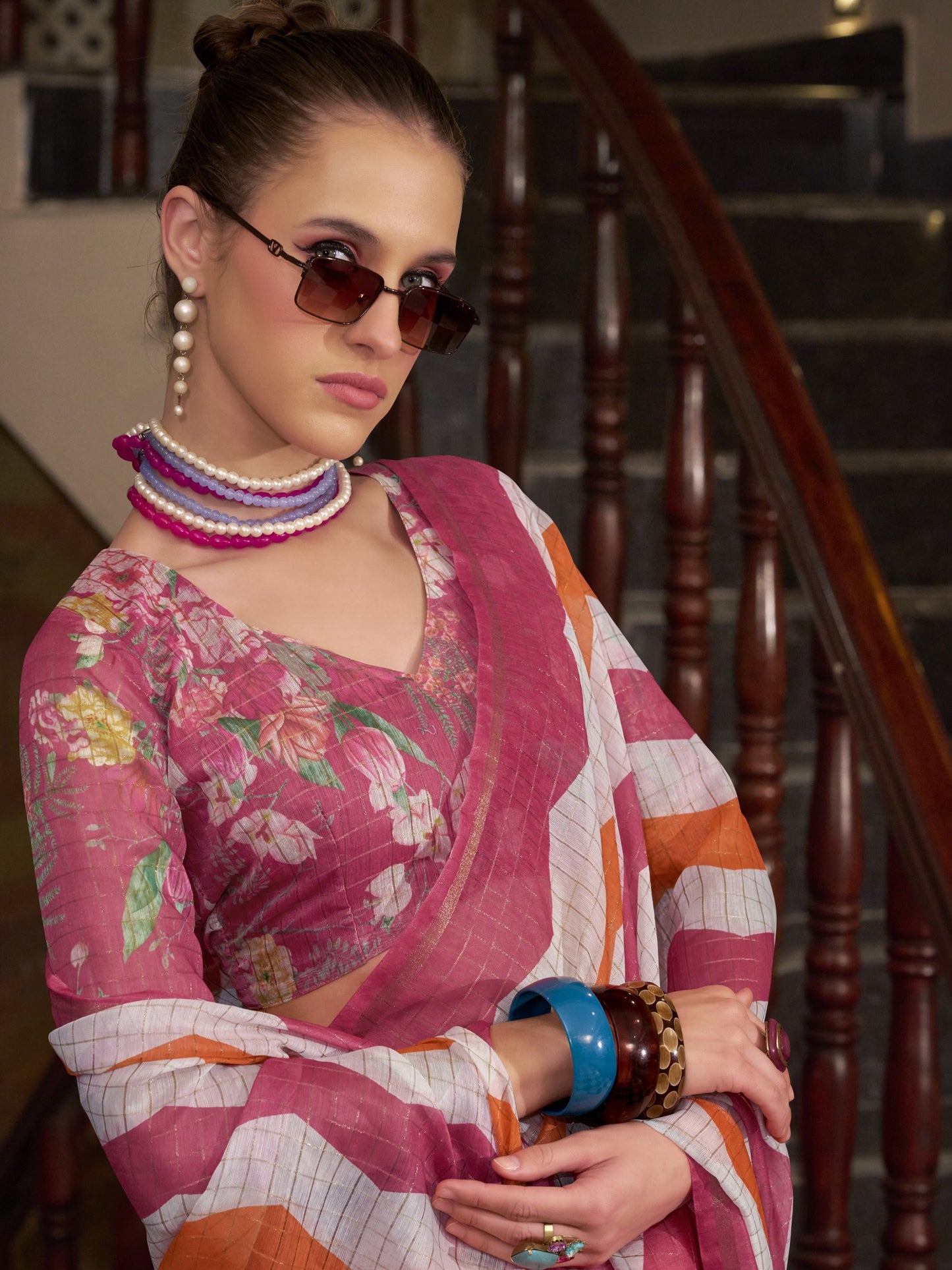 Pink & White Cotton Silk Sarees
