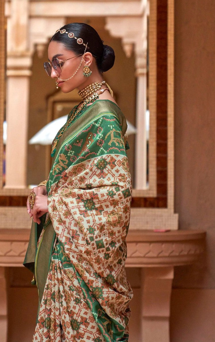 Beige and Green Patola Saree