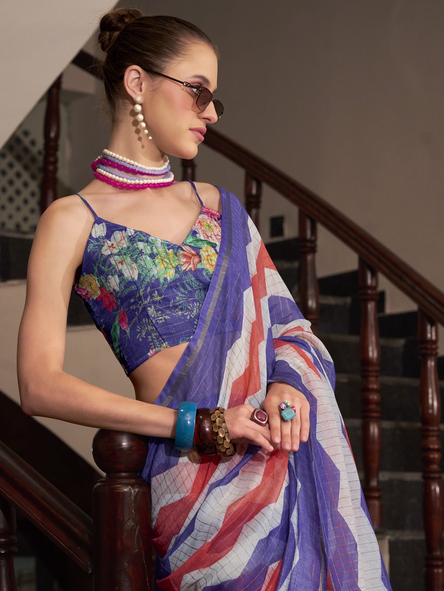 Blue & Pink Cotton Silk Saree
