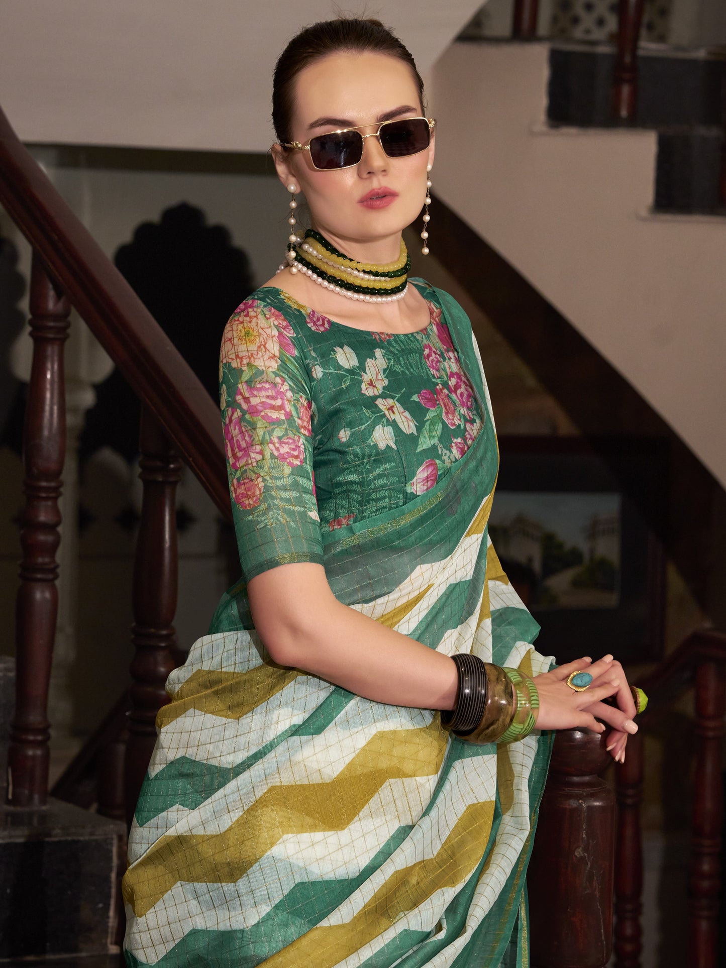Green & White Cotton Silk Saree