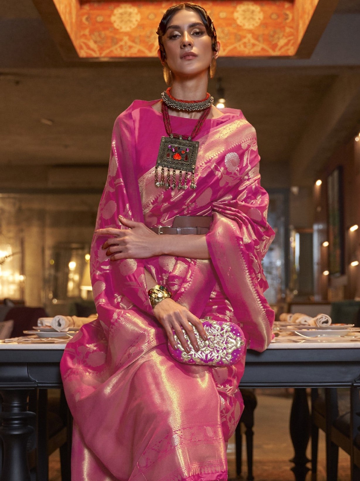 Vivid Pink Woven Banarasi Saree