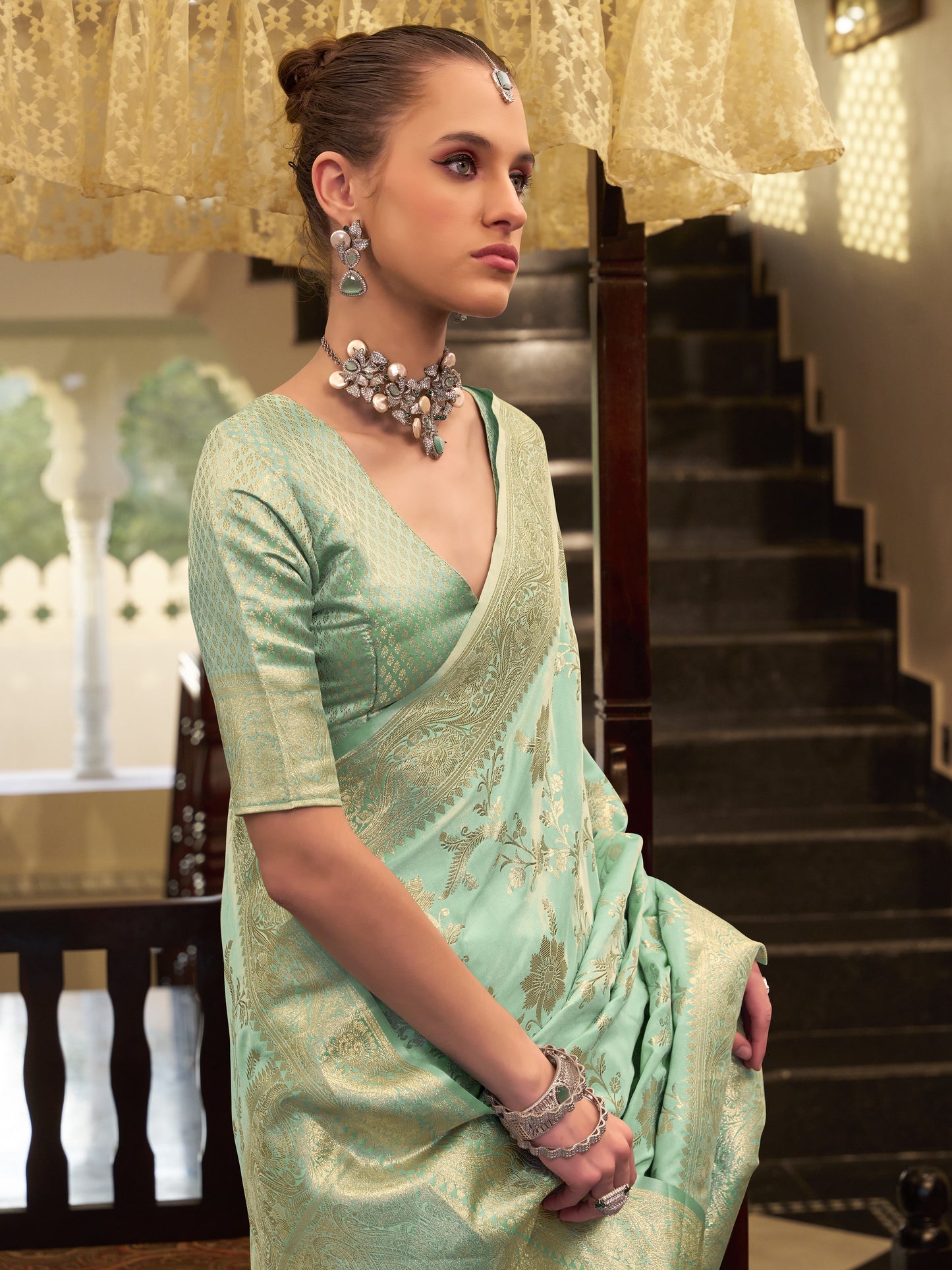 Aqua Green Woven Banarasi Satin Silk Saree
