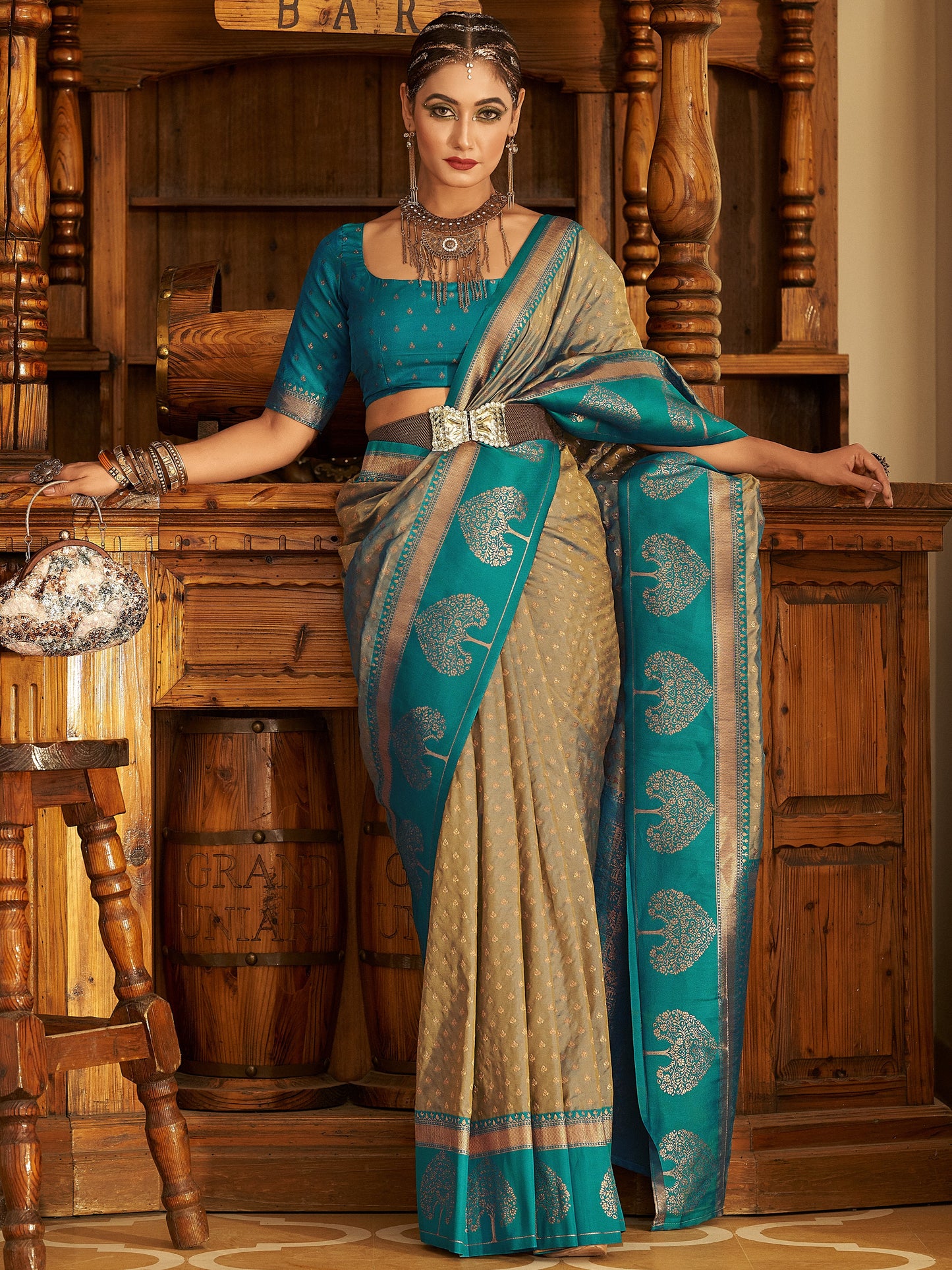 Tan Beige Woven Banarasi Soft Silk Saree