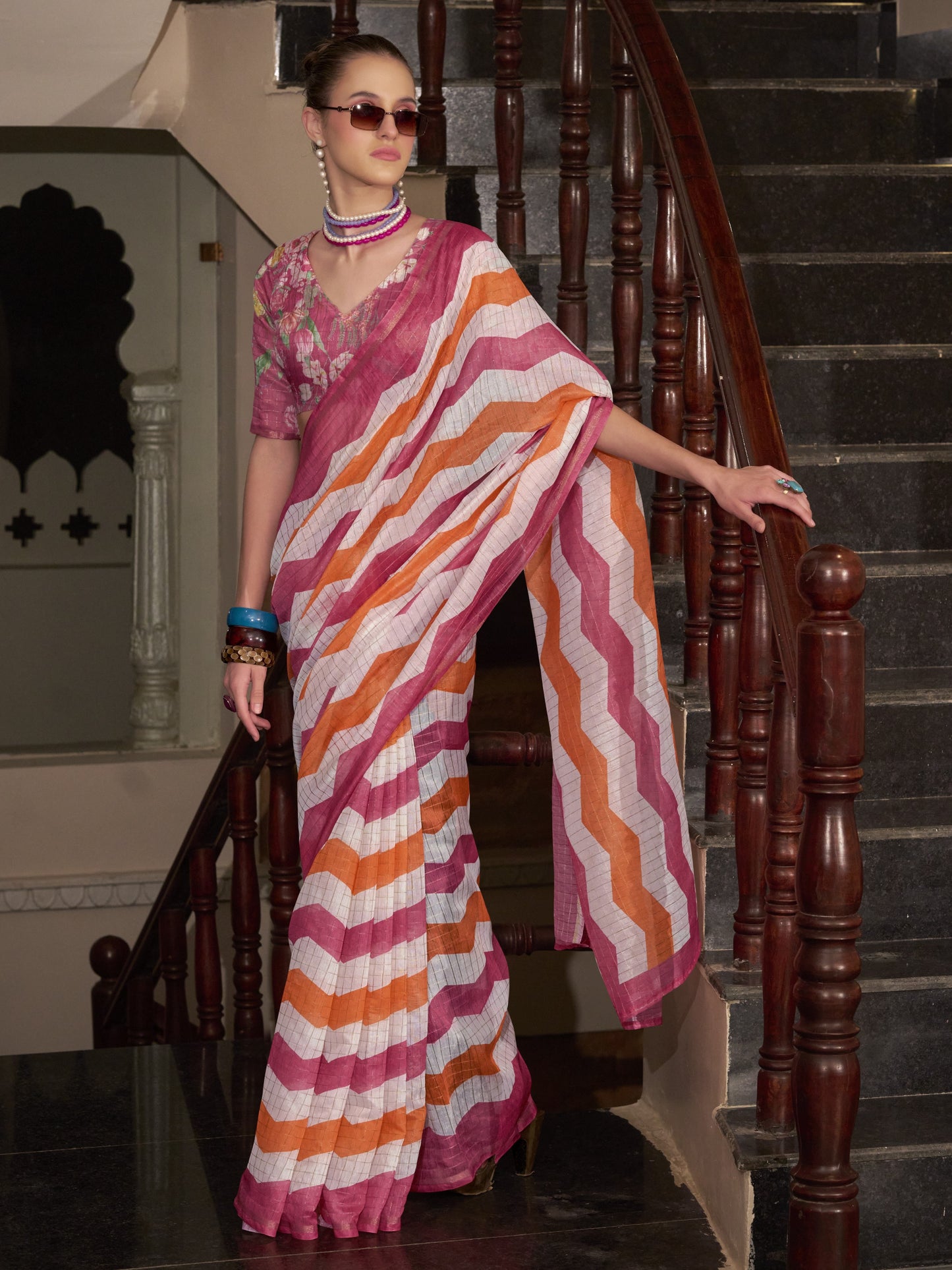 Pink & White Cotton Silk Sarees