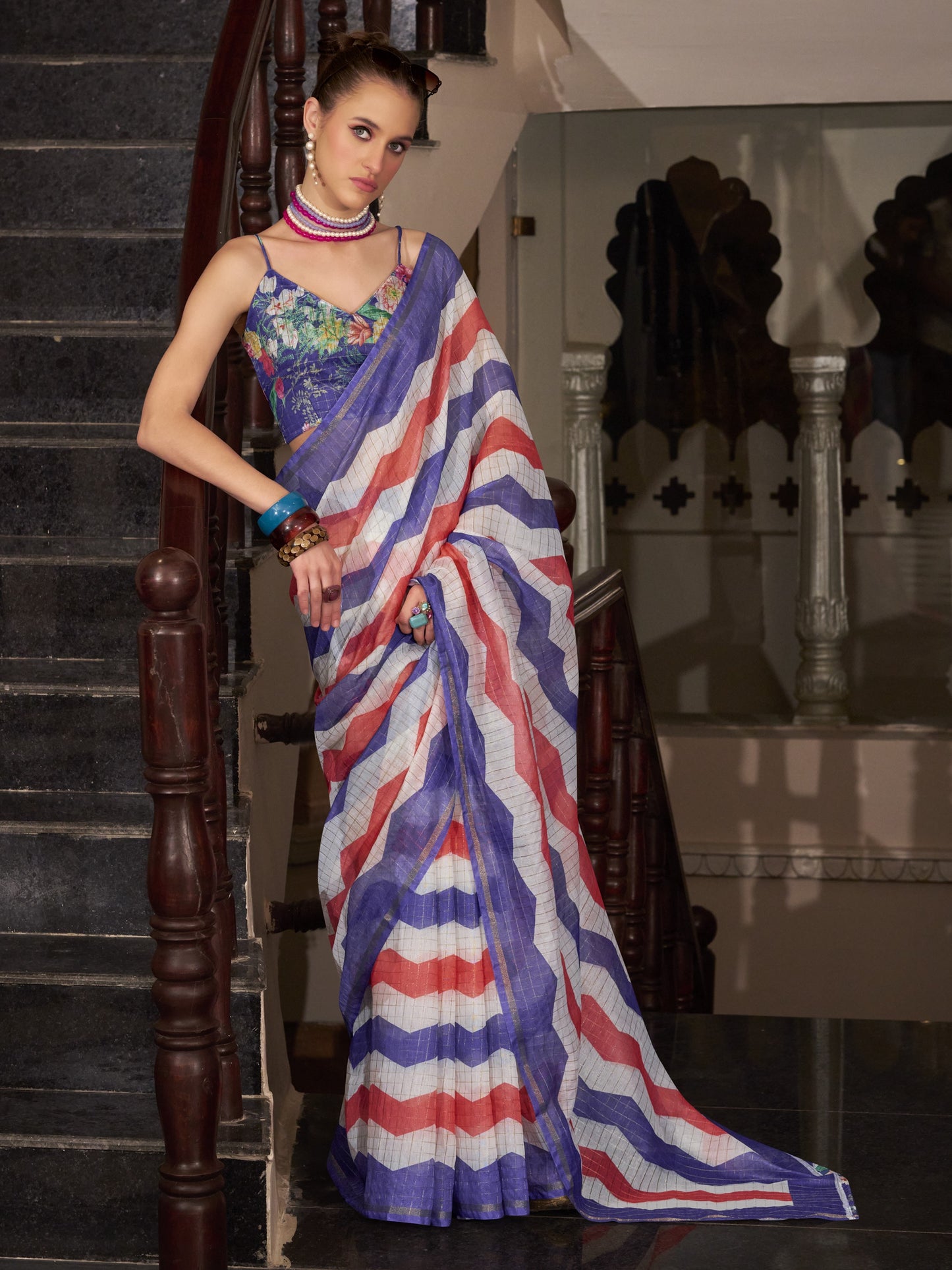 Blue & Pink Cotton Silk Saree