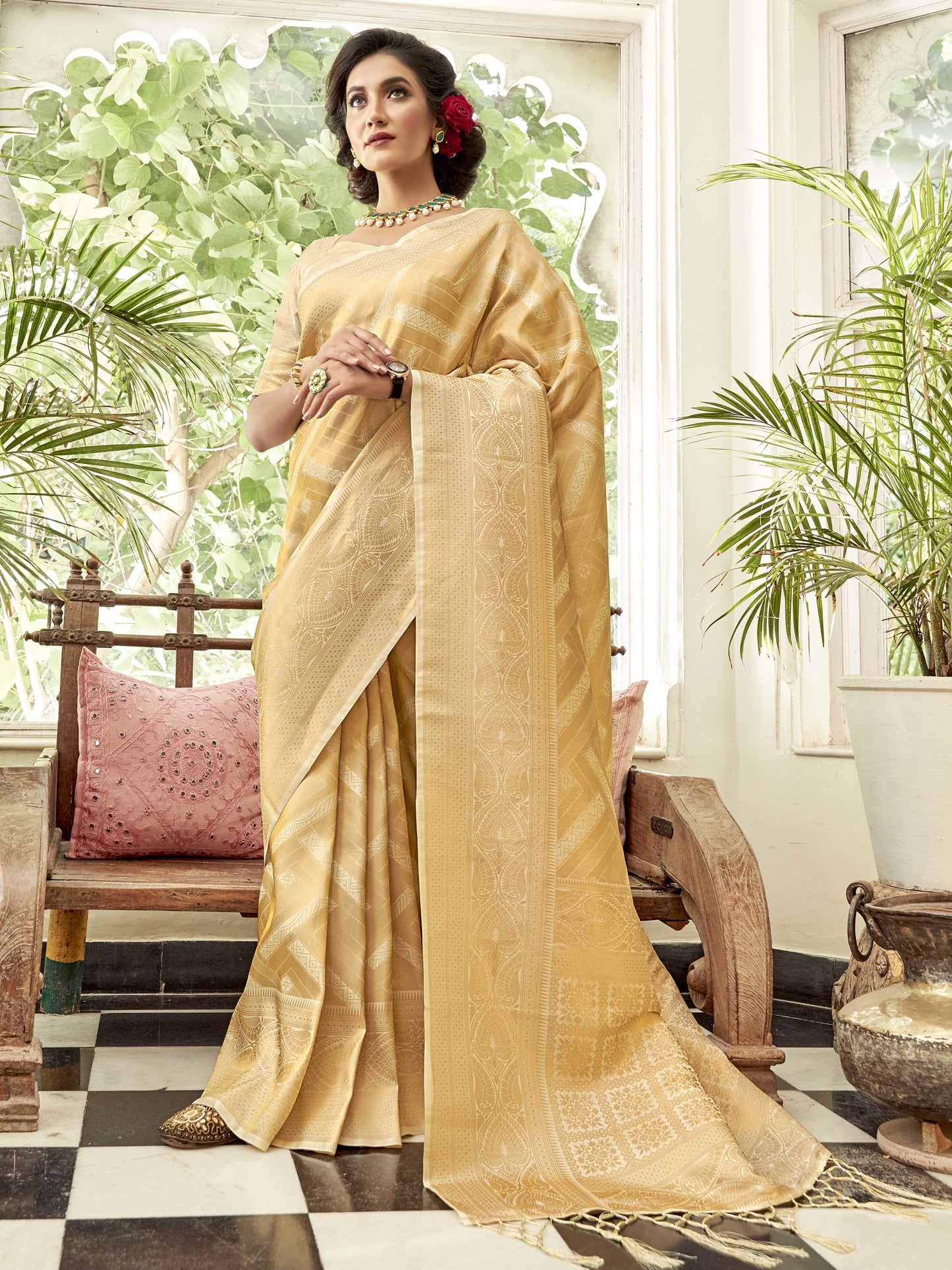 Golden White Kanjivaram Saree