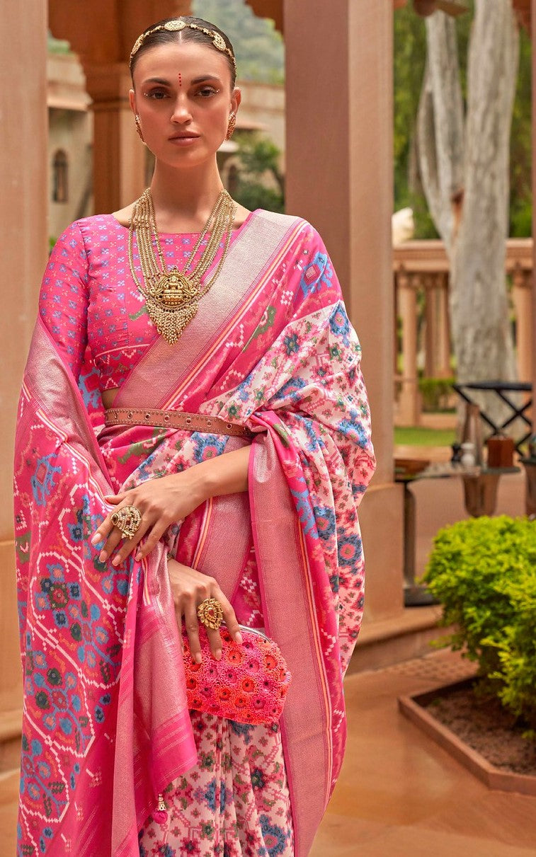 White and Pink Patola Saree
