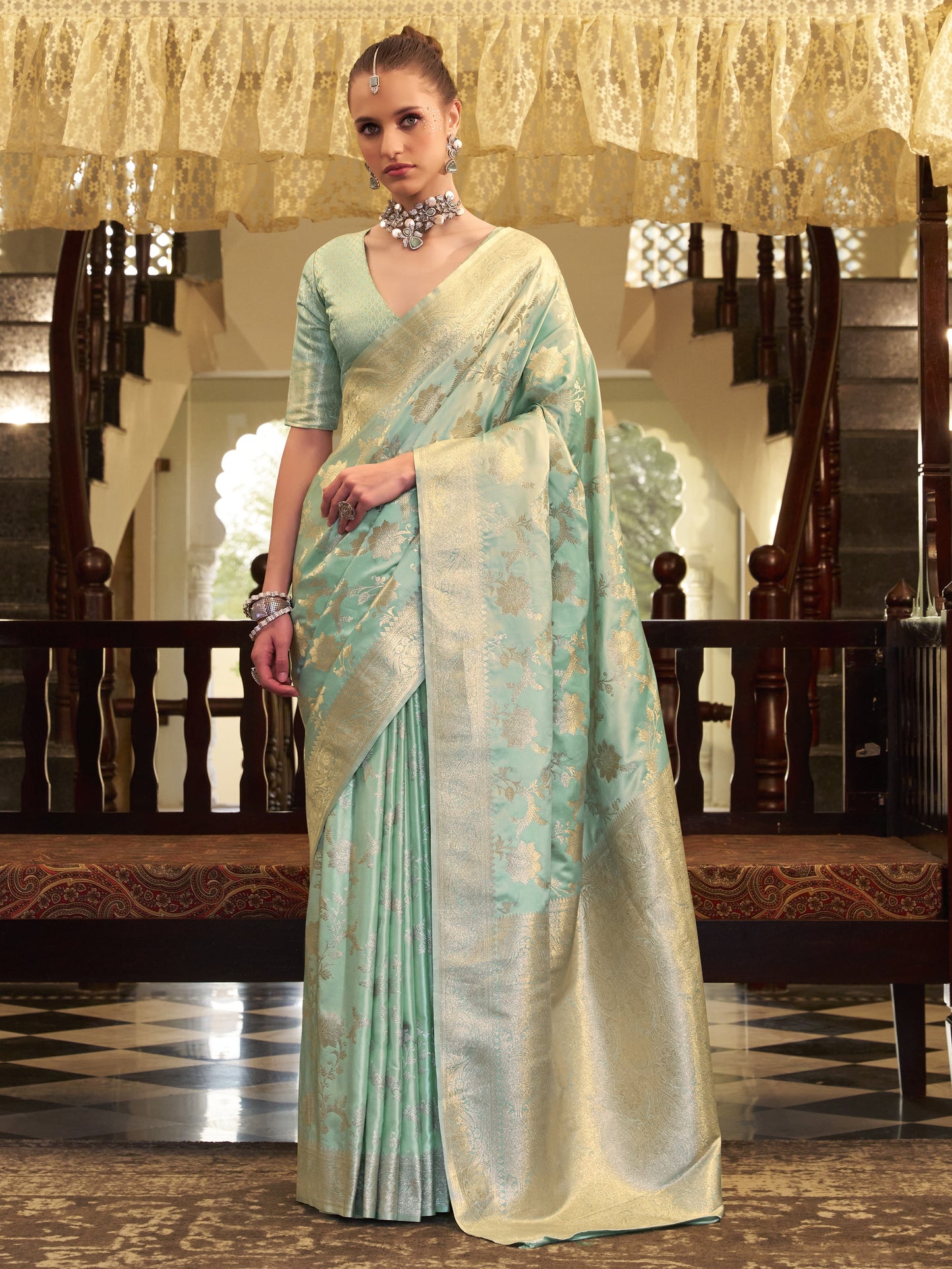 Aqua Green Woven Banarasi Satin Silk Saree