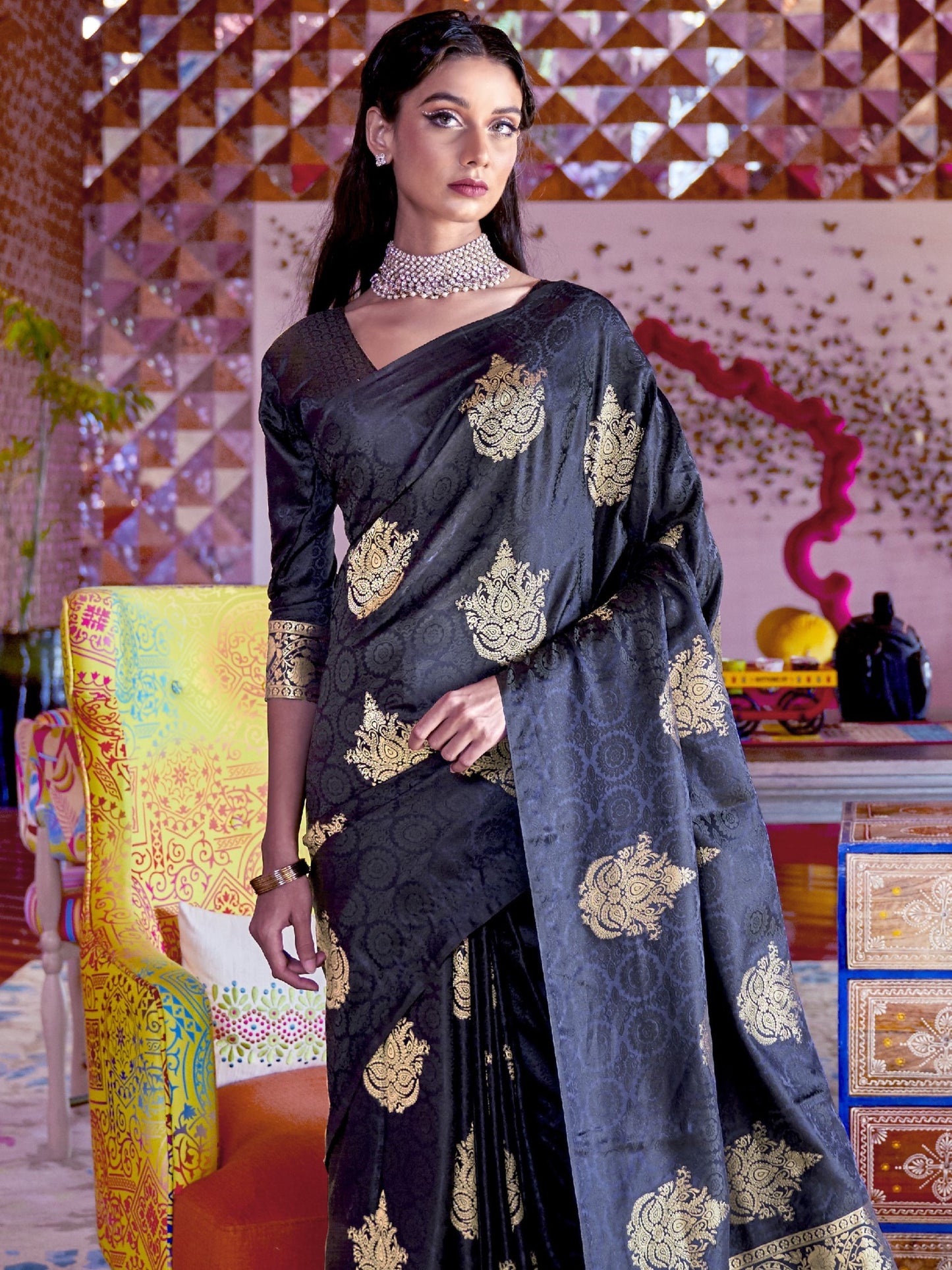 Midnight Black Satin Silk Banarasi Saree