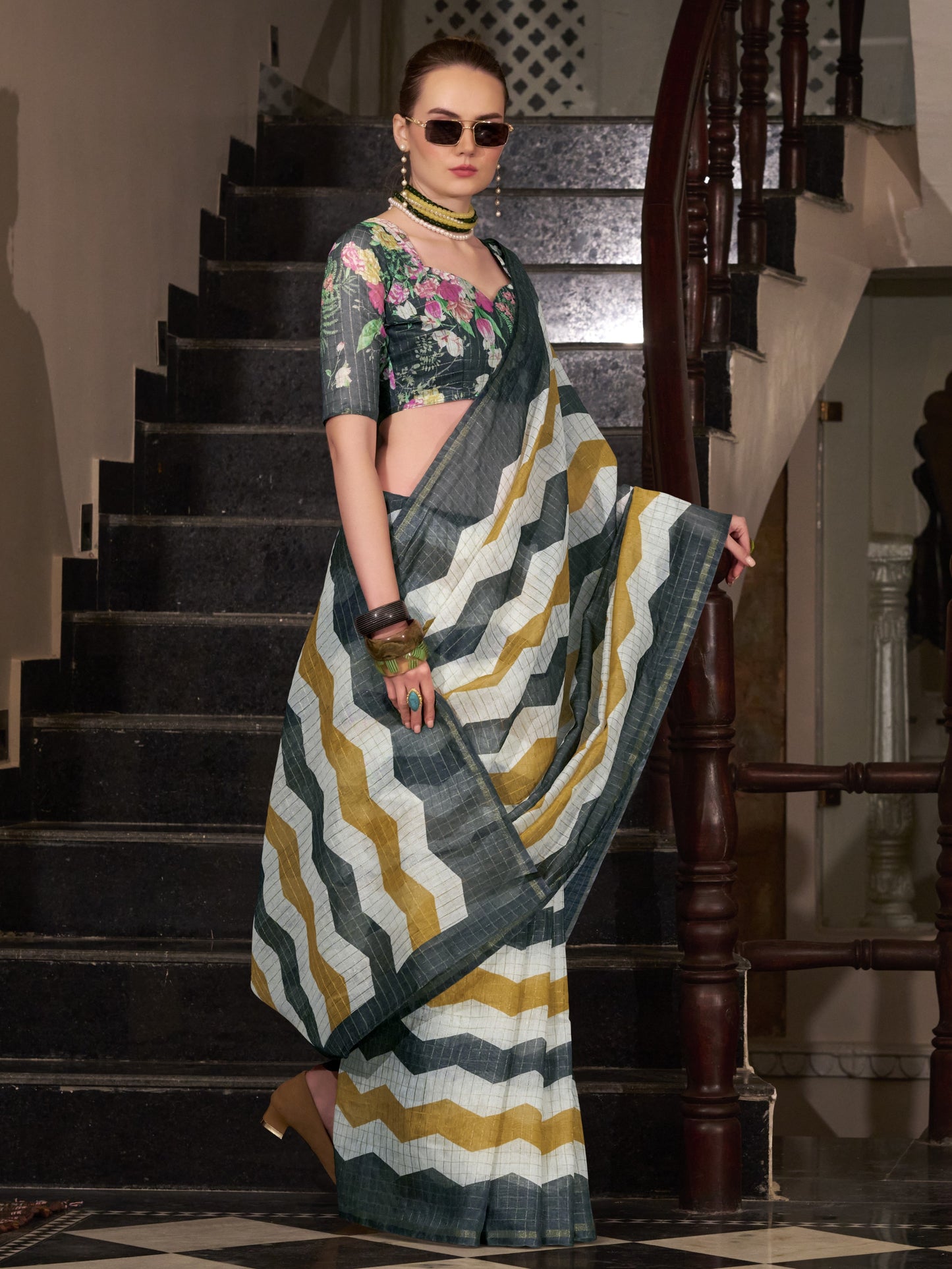 Black & White Cotton Silk Saree