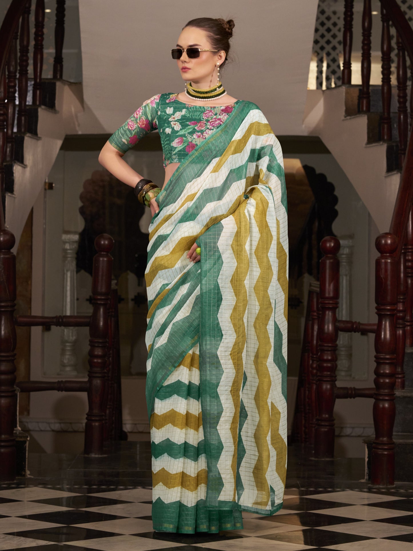 Green & White Cotton Silk Saree