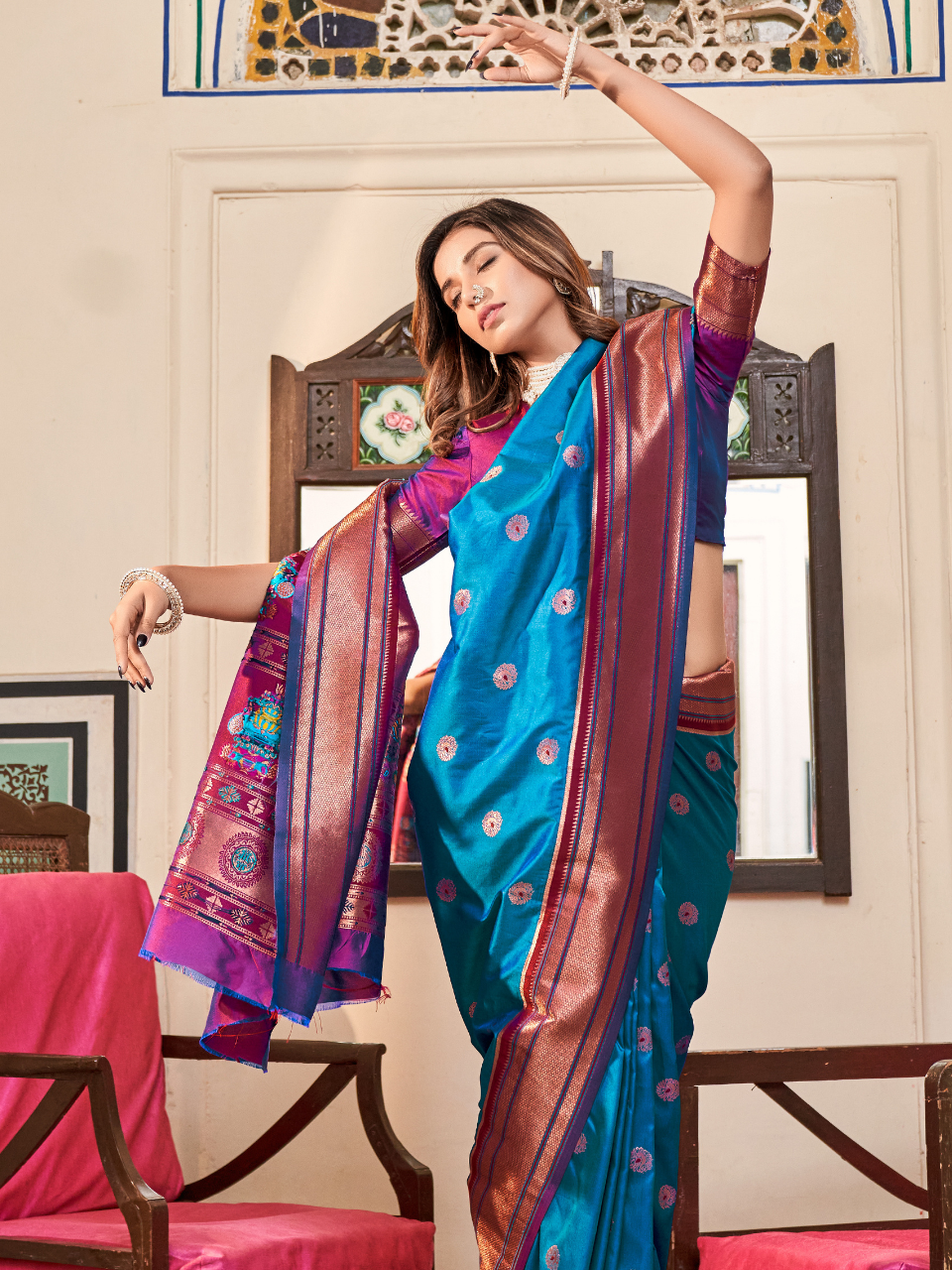 Azure Blue Woven Soft Silk Paithani Saree