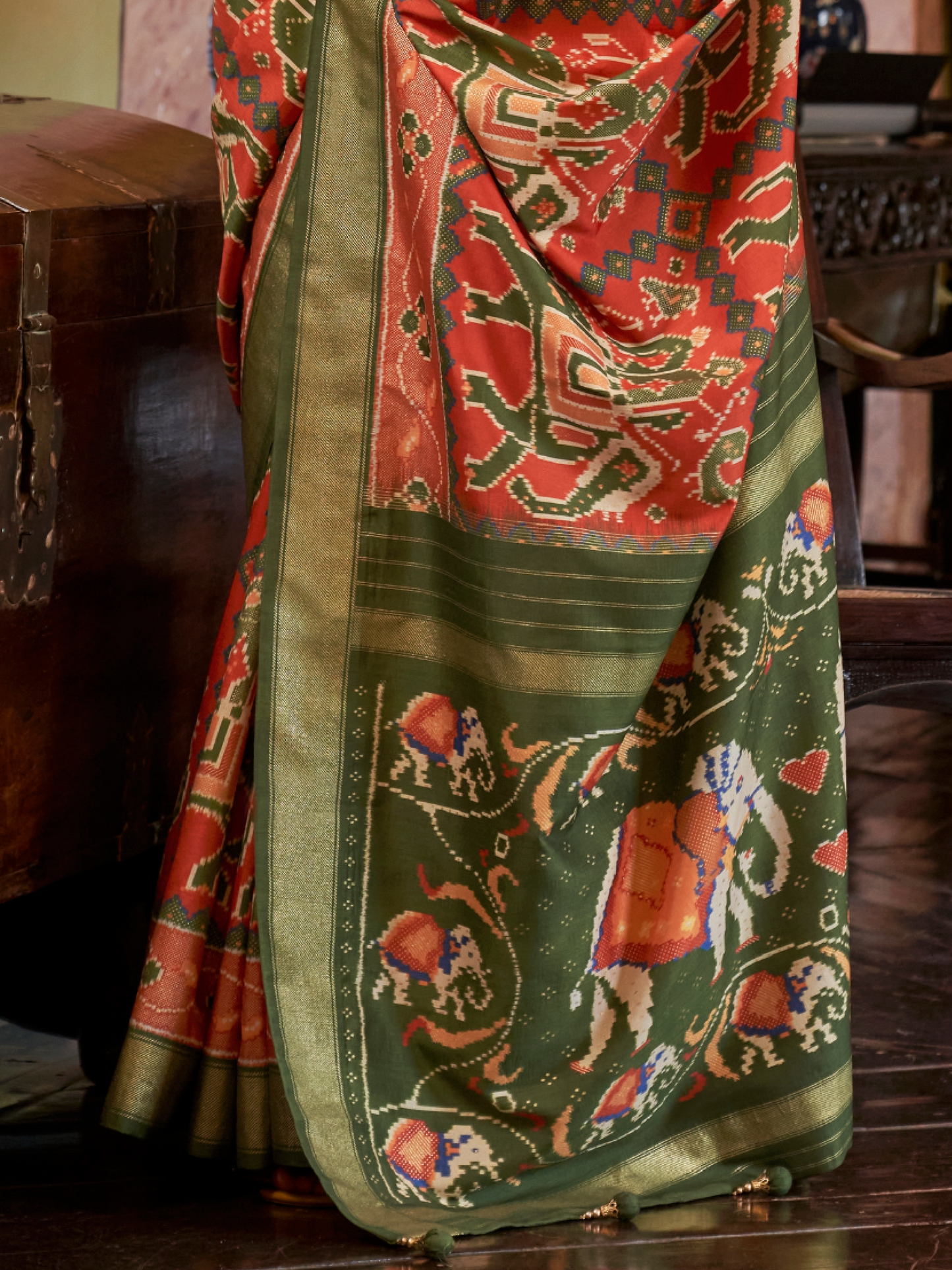 Portland Orange Woven Patola Tussar Silk Saree