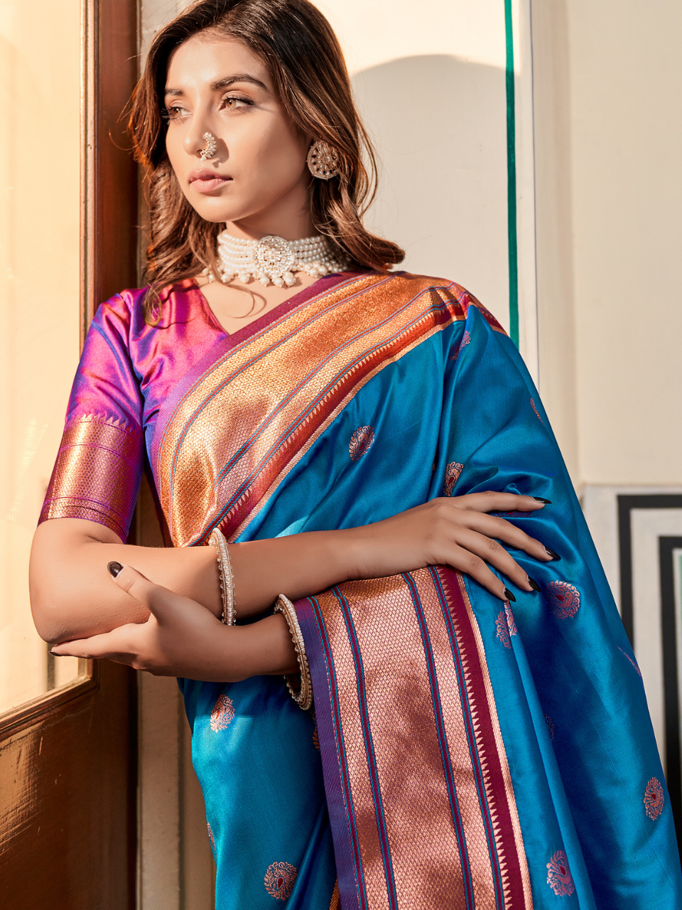 Azure Blue Woven Soft Silk Paithani Saree