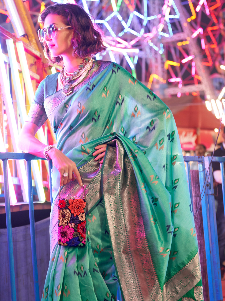 Turquoise Blue Woven Banarasi Soft Silk Saree
