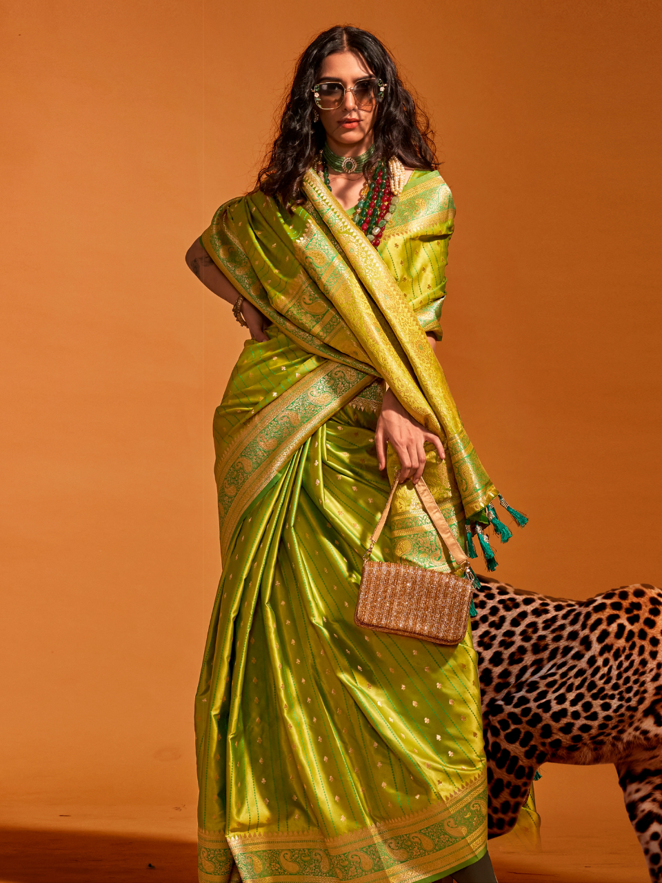 Pear Green Woven Banarasi Satin Silk Saree