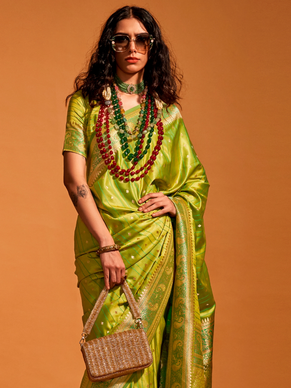 Pear Green Woven Banarasi Satin Silk Saree